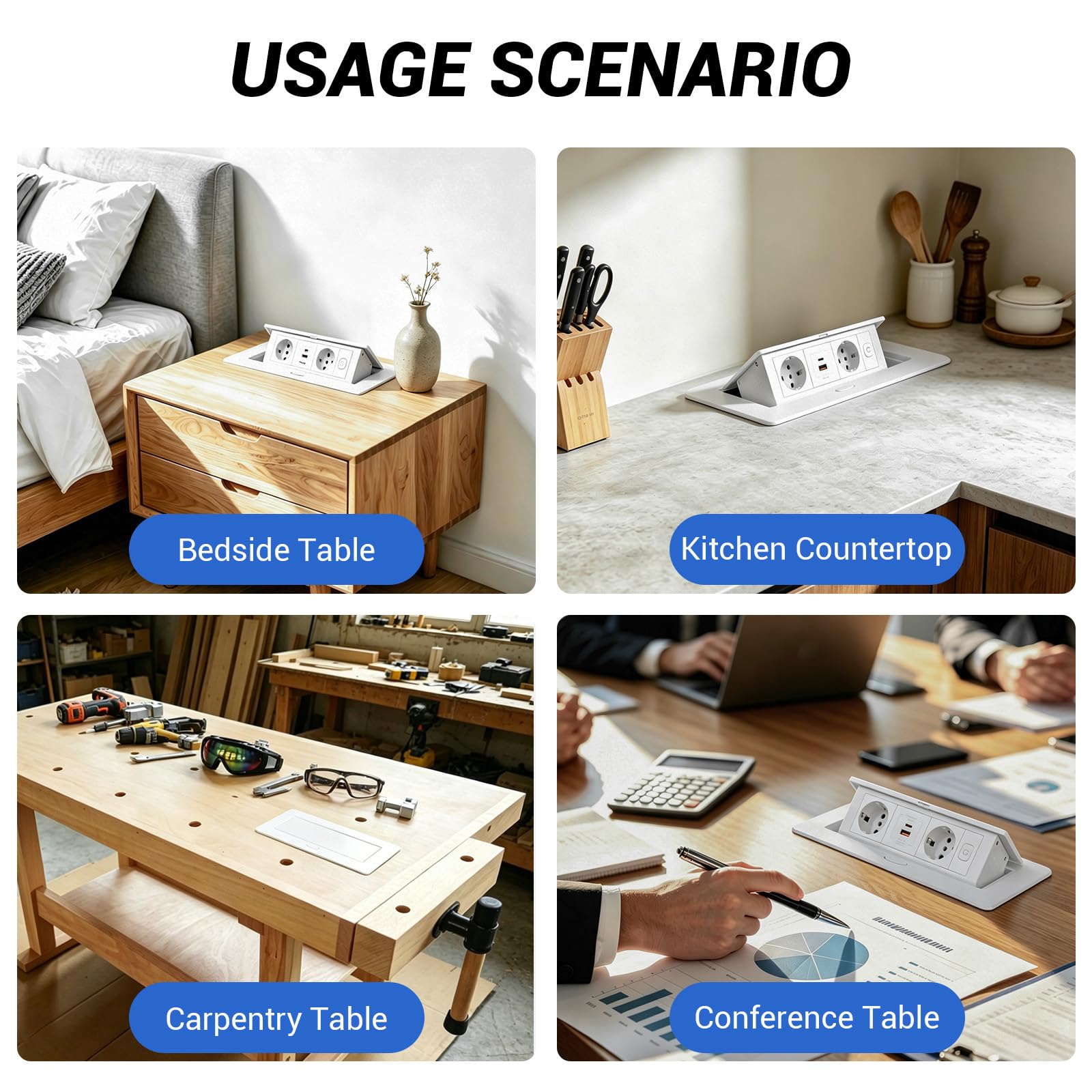 CPROSP Regleta Empotrable de Mesa con 2 Enchufes y USB (1A+1C) | Color: Blanca