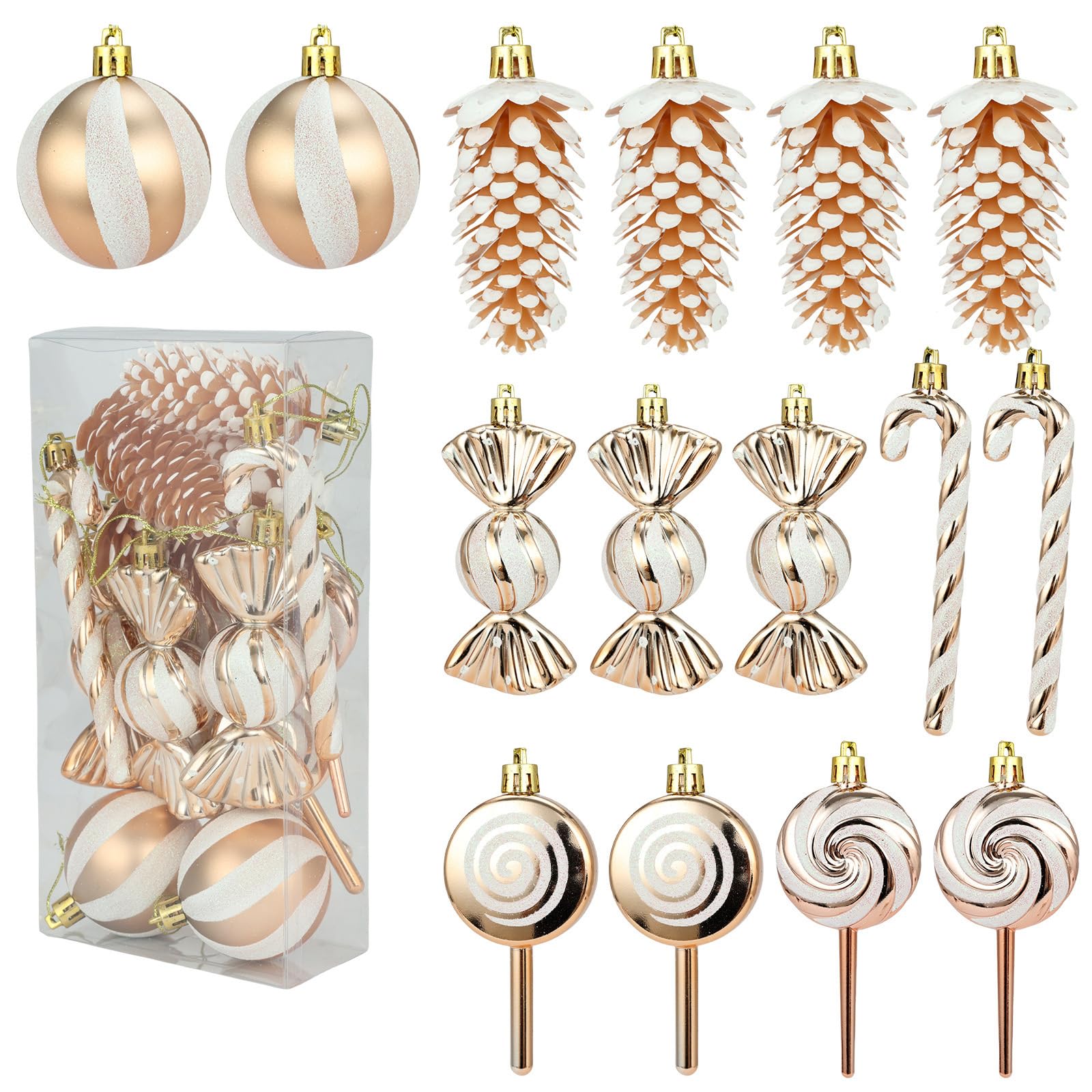 Palline di Natale, confezione da 15 palline per albero di Natale con disegni dipinti a mano - Decorazioni per interni, casa, feste (Colore champagne)