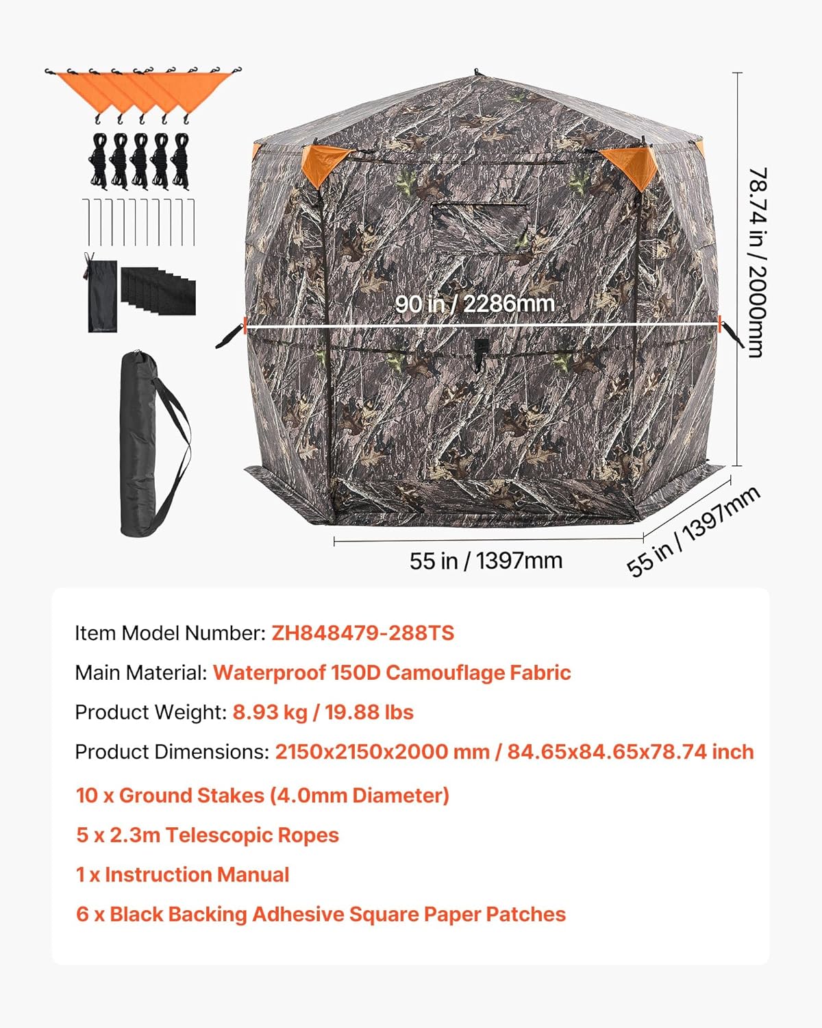 VEVOR Hunting Blind，See Through Ground Blinds with Carrying Bag, 360 Degree Portable Camouflage Tent，Durable Concealed Shelter with Silent Side Door and Window, for Turkey and Deer
