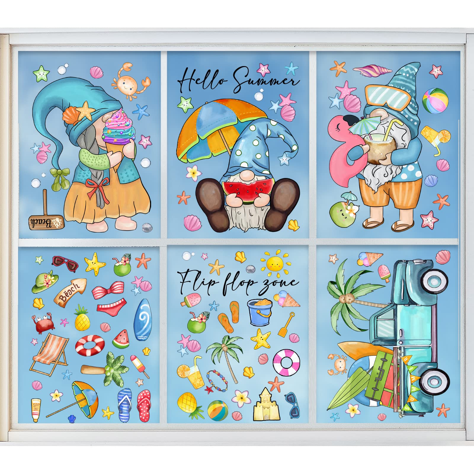 AnyDesign 109Pcs Summer Hawaii Gnomes Window Clings Hello Summer Tropical Gnome Truck Beach Scene Window Decals Watercolor Reusable PVC Stickers for Home Party Window Glass Mirror Decoration Supplies