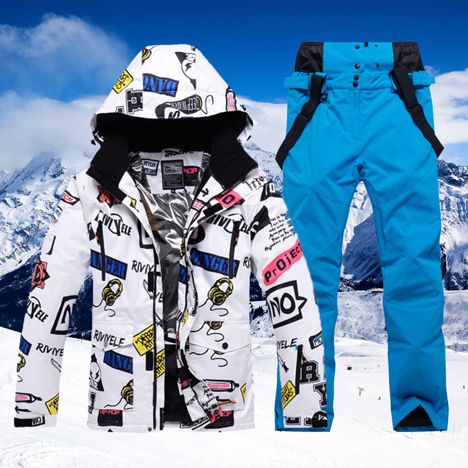 Set di giacca da sci e pantaloni da uomo e donna, per inverno, inverno, caldo, neve, sci, impermeabile, antivento Tuta da sci traspirante per coppie