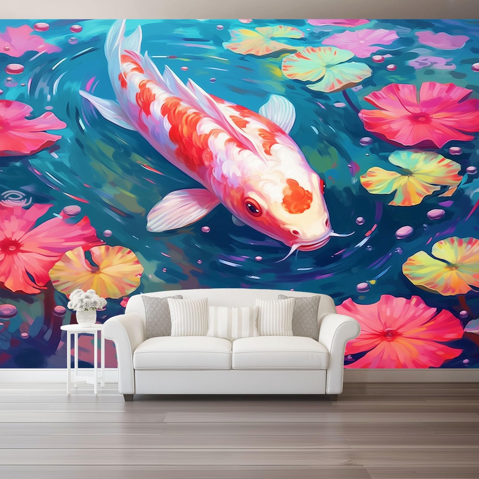 Tapeta z motywem 250 x 175 cm, ryba po chińskim stylu, tapeta z motywem lotosu do pokoju dziecięcego i kącika do majsterkowania, czerwono-zielona