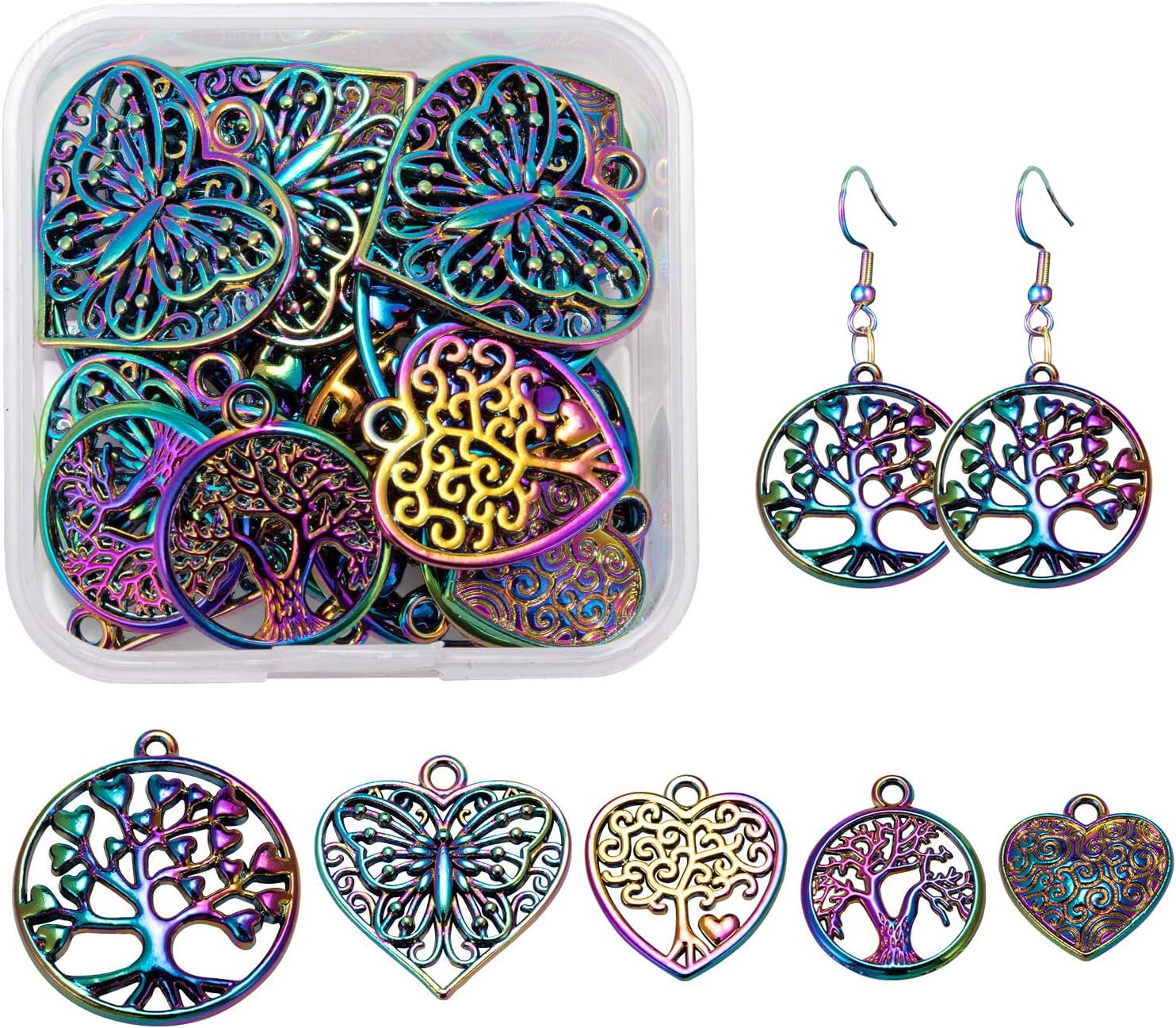 20 Pcs 5 Style Tree of Life Alloy Pendants Alloy Rainbow Charm Etched Metal Embellishments for Gifts Jewelry Necklace Earring Making Crafts