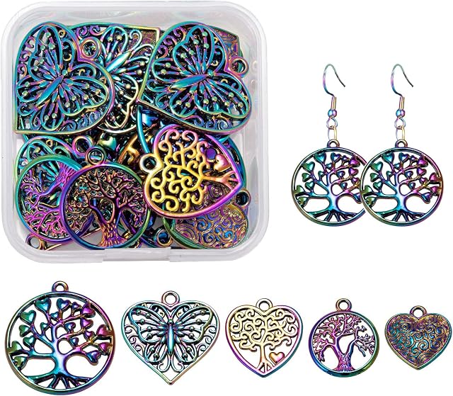 COGCHARGER 20 Pcs Tree of life Pendants Alloy Rainbow Charm Etched Metal Embellishments for Gifts Jewelry Necklace Earring Making Crafts