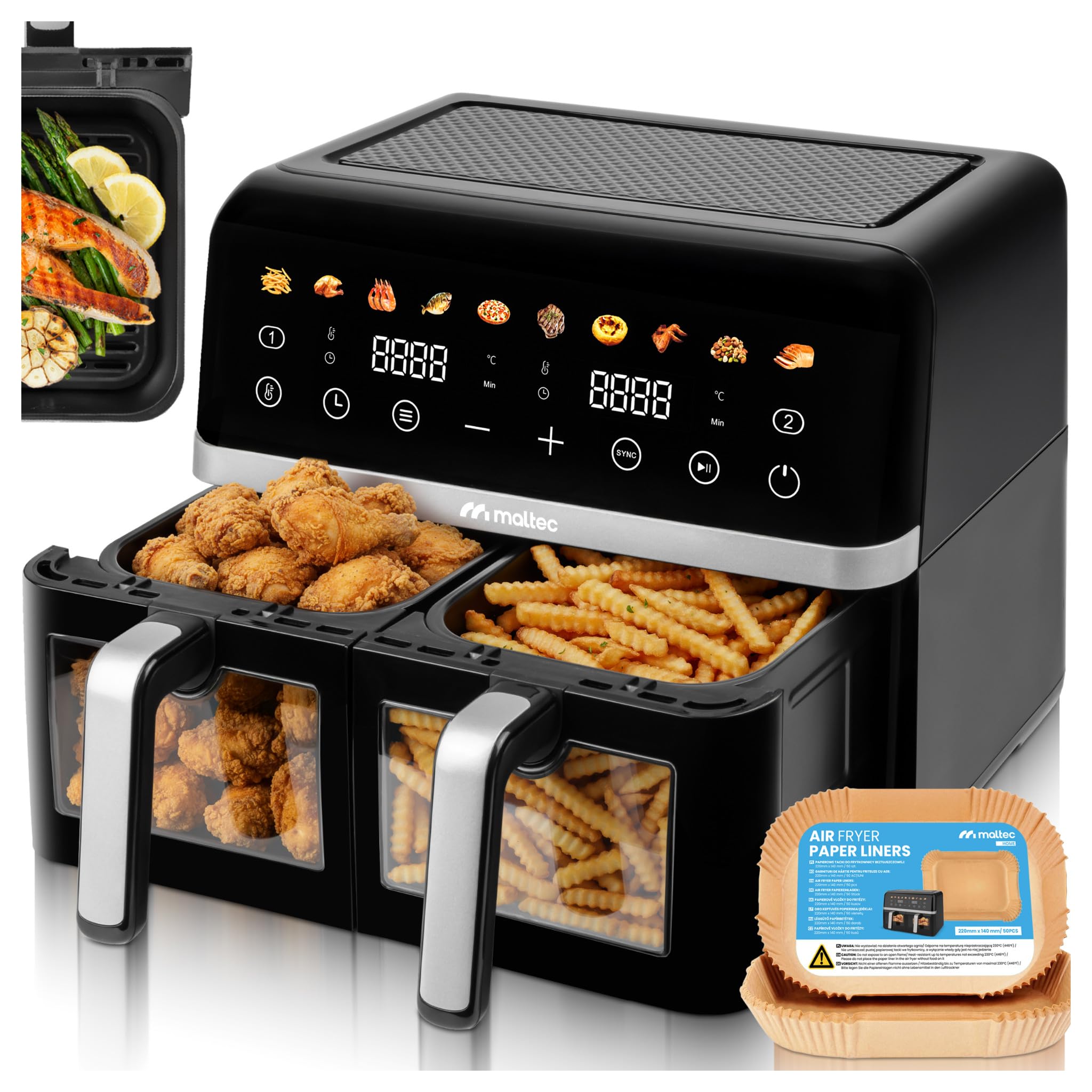 MalTec Frytkownica na gorące powietrze XL, 2 komory z okienkiem, 10 l Airfryer, ekran dotykowy, 2800 W, 10 programów, frytkownica bez oleju i gotowanie niskotłuszczowe