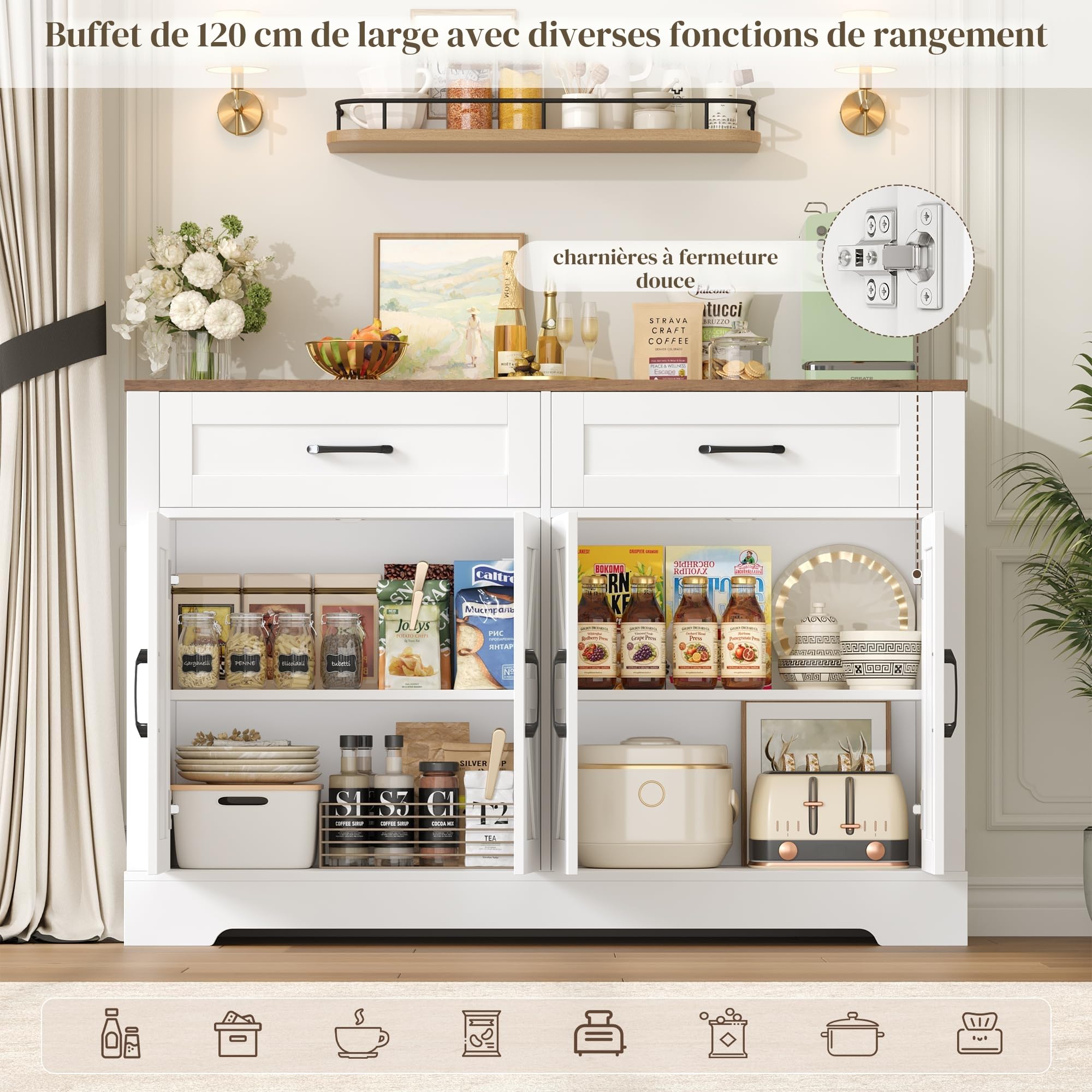 HOCSOK Buffet Meuble de Rangement, Placard, avec 2 Tiroirs et 4 Portes, Meuble Cuisine pour Salon, Cuisine, Salle à Manger, 40 x 120 x 87 cm