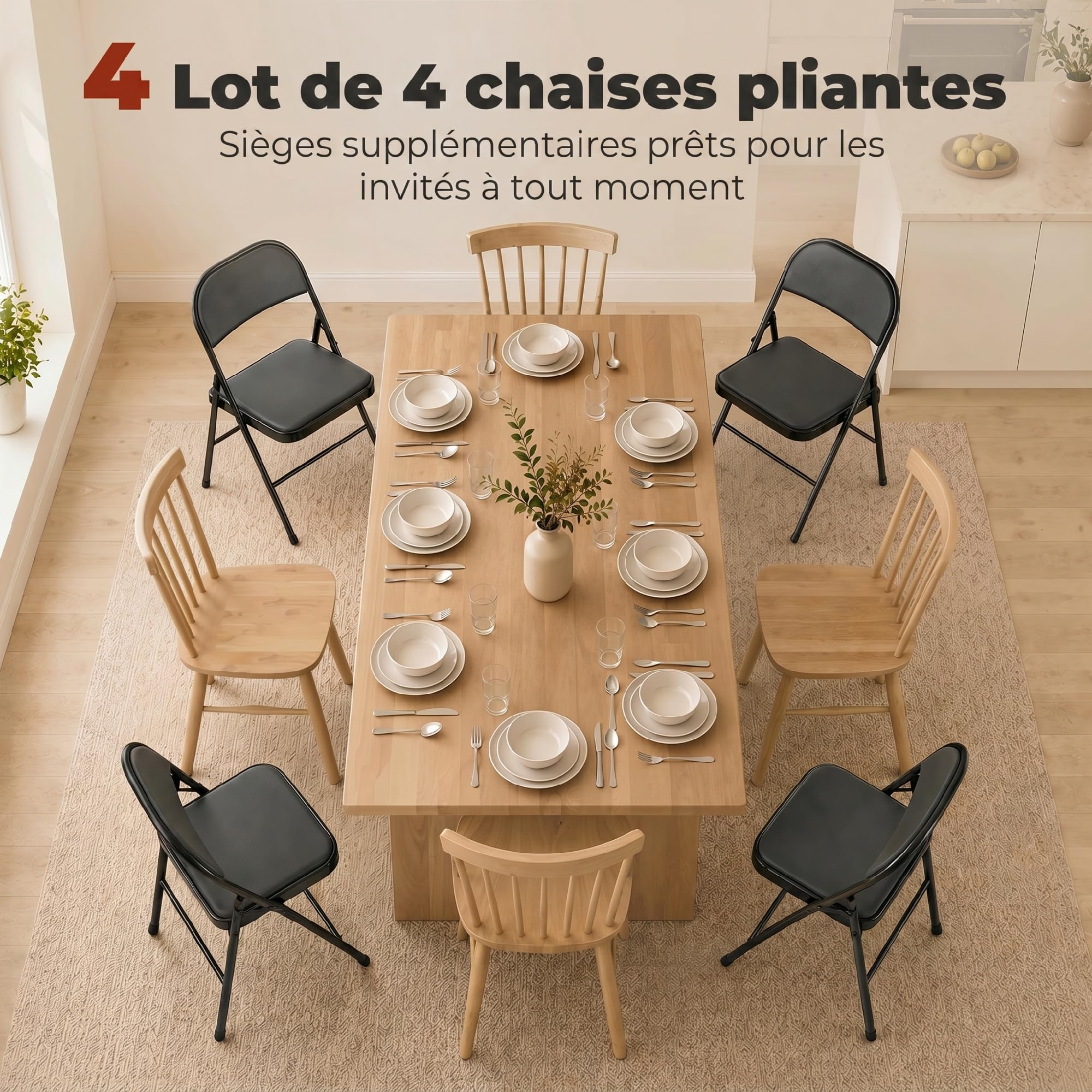 HOMCOM Lot de 4 chaises Pliantes chaises de Salle à Manger Portables Chaise Pliable d'intérieur avec Coussin en revêtement synthétique et Cadre en Acier dim. 45l x 46P x 78H cm Noir