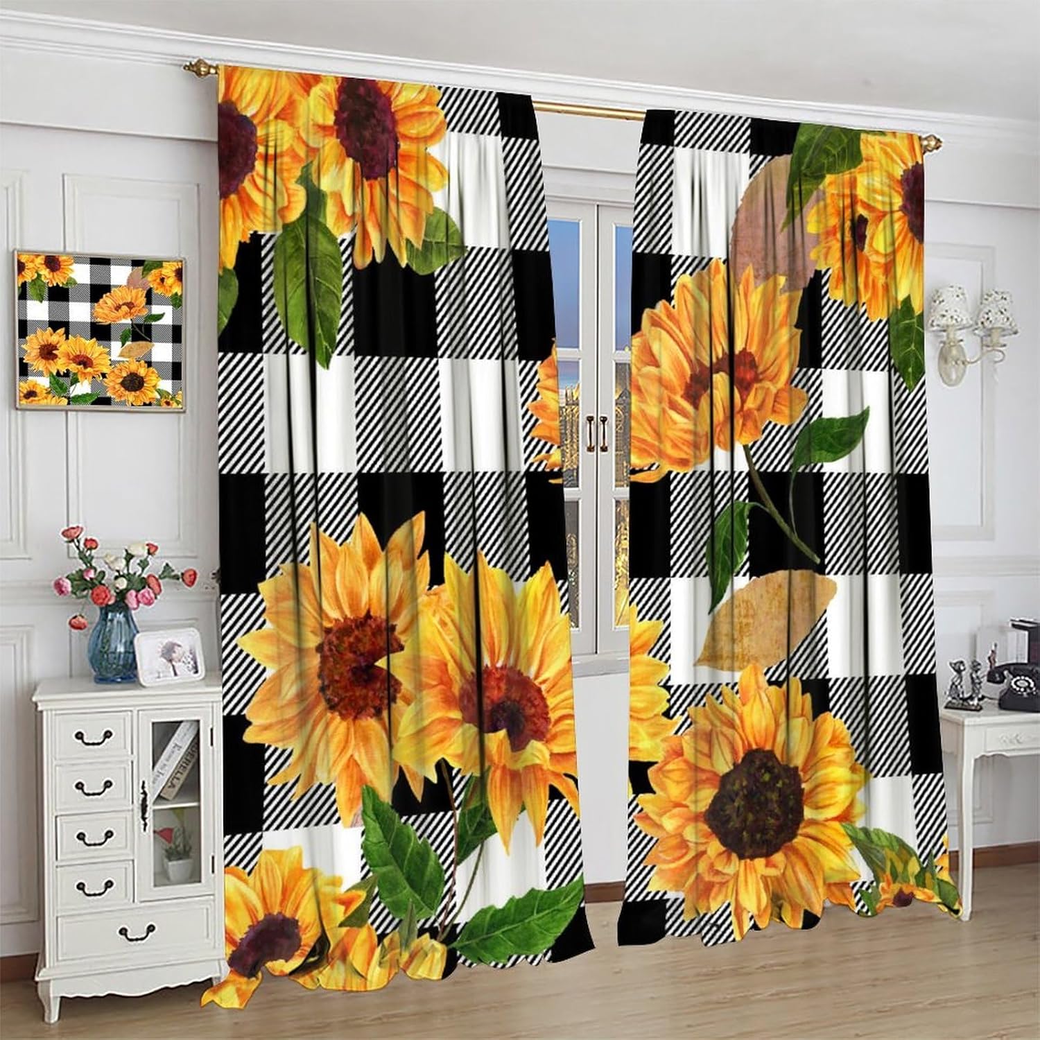 Sunflower Buffalo Plaid Check Curtains Yellow Floral Black White Stripe Garden Plants Curtain with Rod Pocket for Farmhouse Home Decor Drapes Window Treatments 2 Panels Set 42x45 Inch