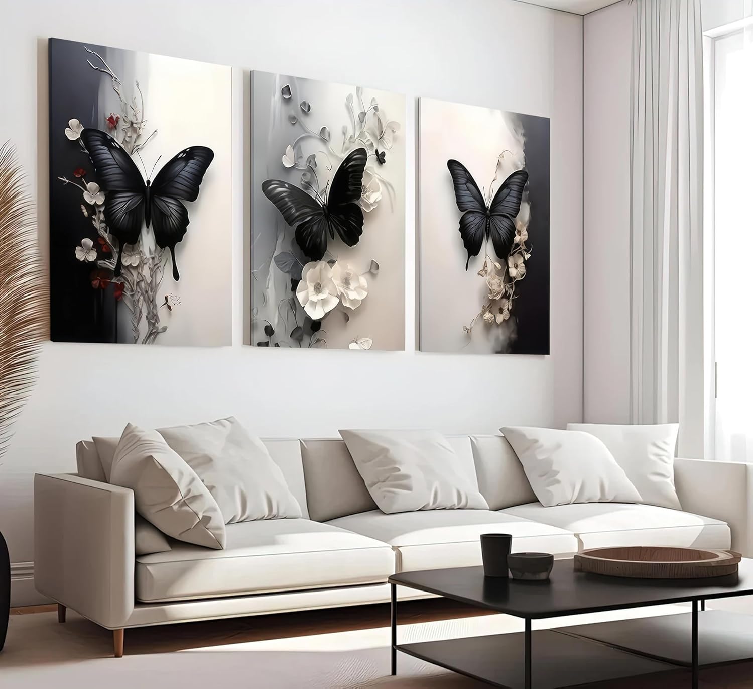 CCZ 3Pcs Butterfly Canvas Wall Art Black and White Flowers Picture Wall Decor Modern Abstract Textured Florals Poster Minimalist Botanical Painting Prints Artwork for Living Room Bedroom Bathroom