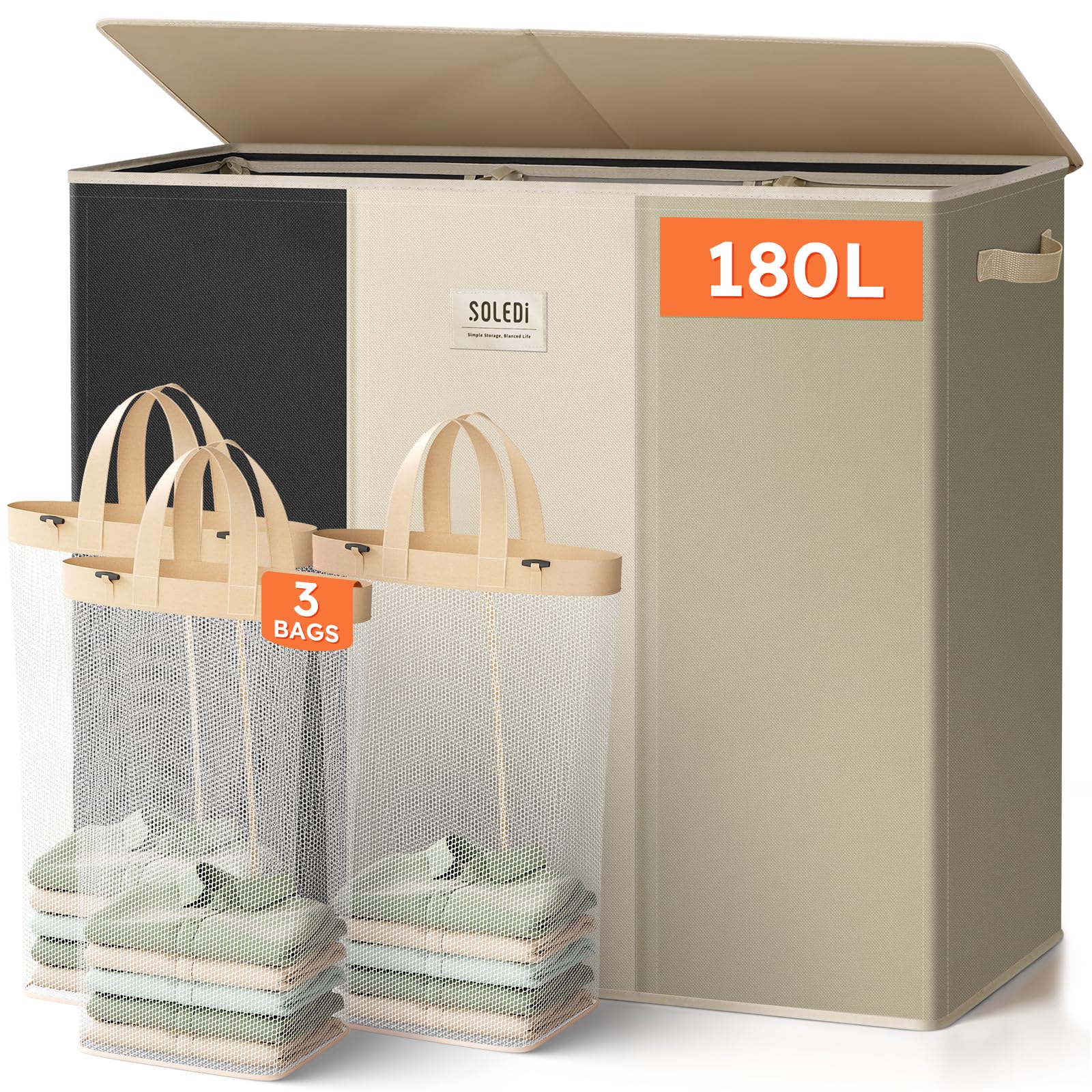 SOLEDI 145L Wäschekorb 2 fächer mit deckel und Wäschesack Herausnehmbaren Groß XXL - Wäschesammler Faltbar Grau Stabil mit Henkel und Halterung - Laundry baskets Wäschetonne Wäschekorbe