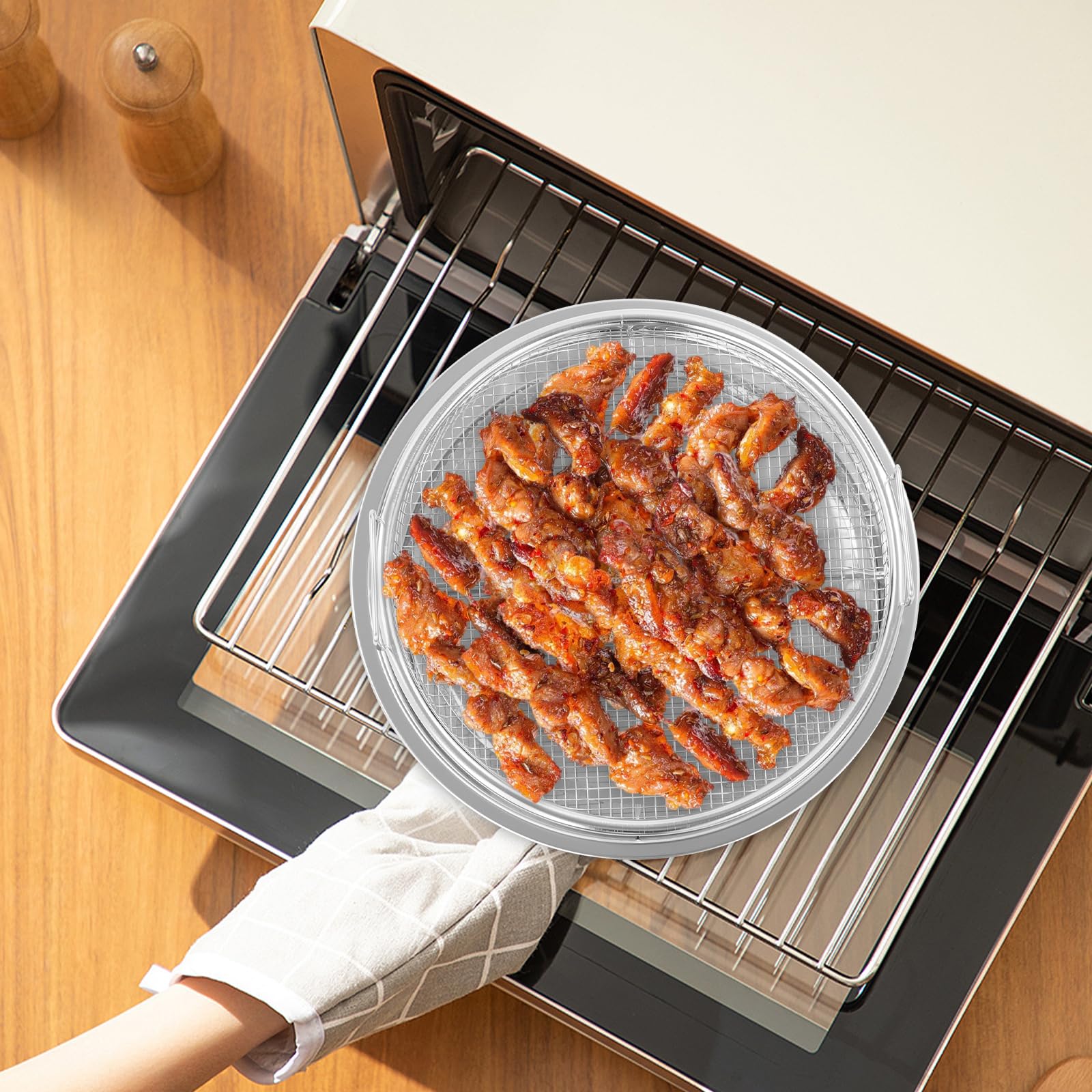 Griglia per barbecue, griglia per forno, griglia per barbecue, cestino in acciaio al carbonio, cestino per barbecue con manico, teglia per pollo, pesce, verdure (argento, rotondo)