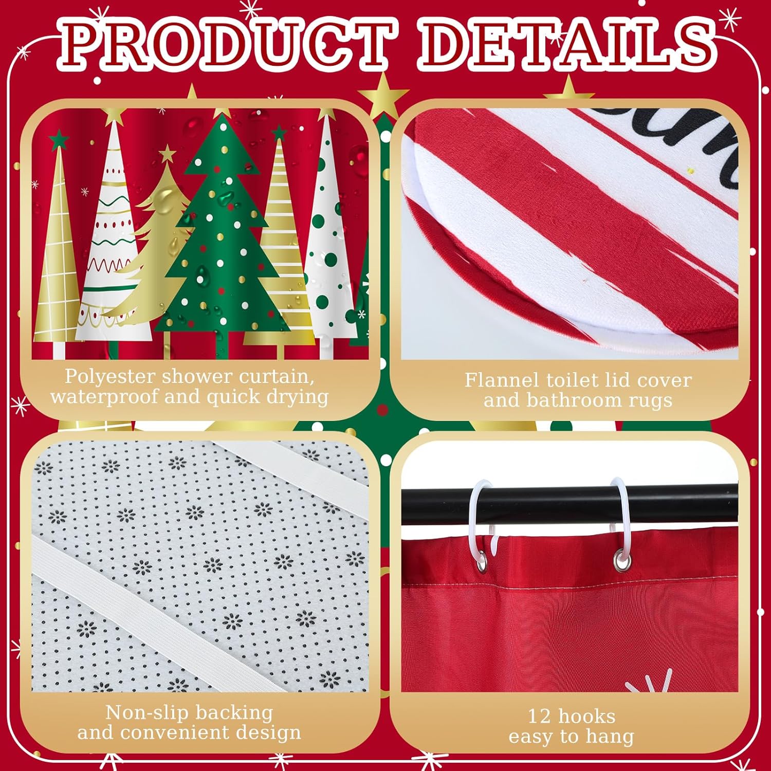 Honoson 8 Pcs Christmas Shower Curtain Set with Rugs and Kitchen Towels Farmhouse Christmas Tree Shower Curtain Bathroom Set for Farmhouse Country Summer Halloween Housewarming Gifts Decor