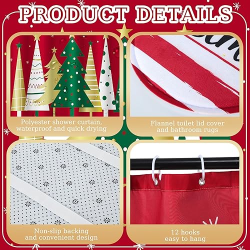 Miniatura 5 de Honoson Juego de 8 cortinas de ducha de Navidad con alfombras y toallas de cocina, cortina de ducha para árbol de Navidad, juego de baño para casa