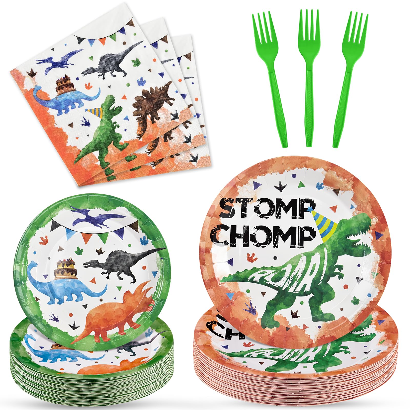 WERNNSAI Dinosaur Birthday Decorations - 200 PCS Dinosaur Plates Napkins and Forks Set Watercolor Dino Party Supplies Dino Party Plates for Kids Boys