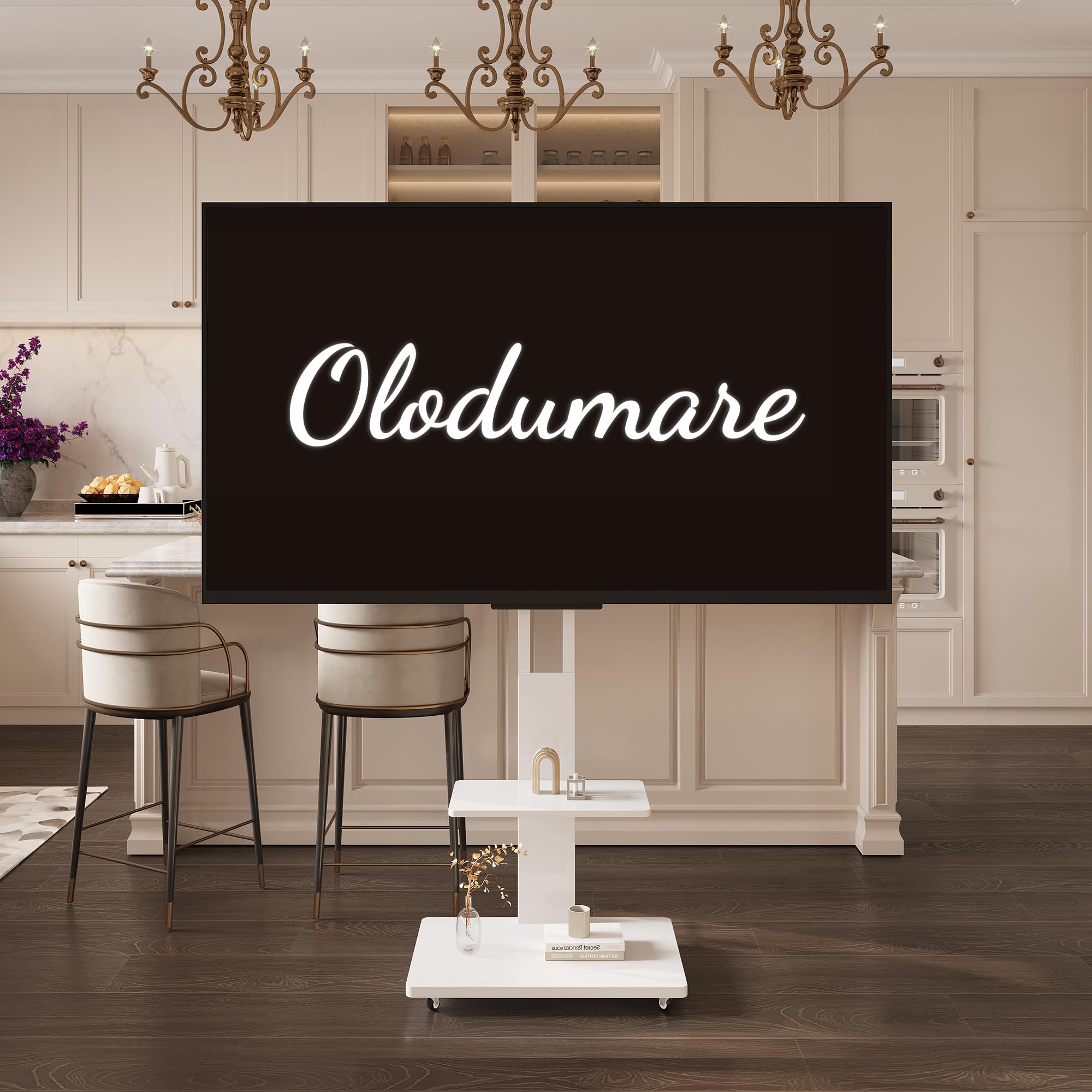 Rollender TV-Ständer mit Ablage für 32-75 Zoll LCD LED OLED Plasma Flach/Curved Panel Bildschirme, TV-Wagen für Wohnzimmer, Schlafzimmer, Büro, Holzregal, Weiß