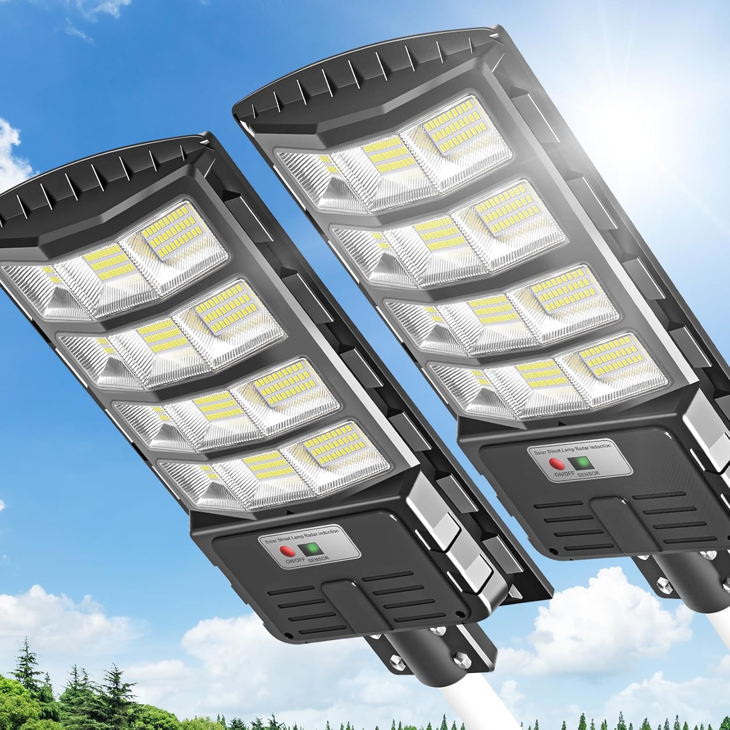 2 Pack 5000W Solar Street Lights Outdoor, 6500K LED Parking Lot Lights, Waterproof Flood Lights Dusk to Dawn Remote Control for Path/Yard/Driveway 2 Pack 5000W Solar Street Lights Outdoor, 6500K LED Parking Lot Lights, Waterproof Flood Lights Dusk to Dawn Remote Control for Path/Yard/Driveway