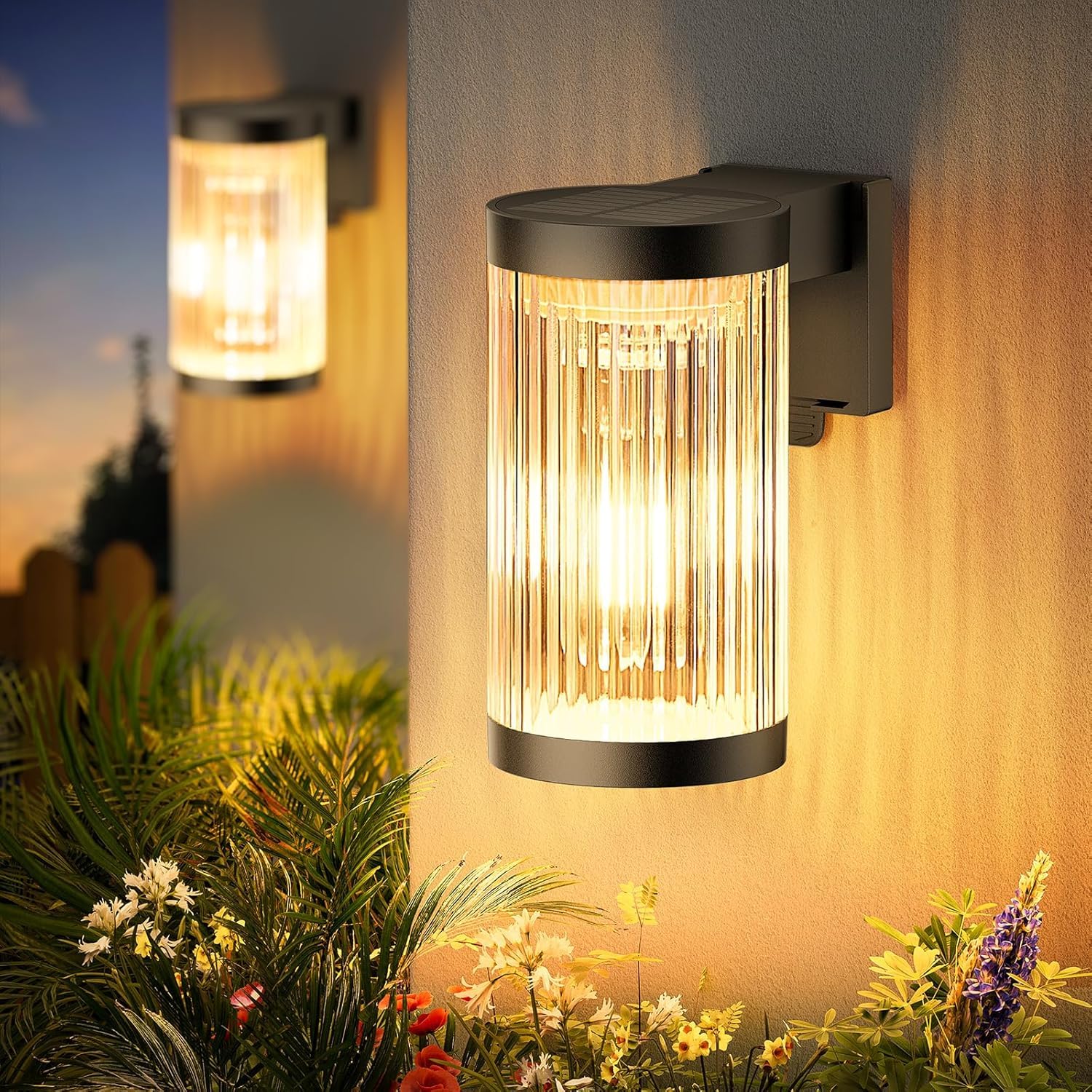 Bloomingtons Direct Multicolor Pack Of 2, Solar Fence Lights Outdoor Garden Ribbed Glass Solar Wall Lights Outdoor With Led Waterproof Automatic On/Off Garden Lights Solar Powered Sconce For Patio Yard Fence