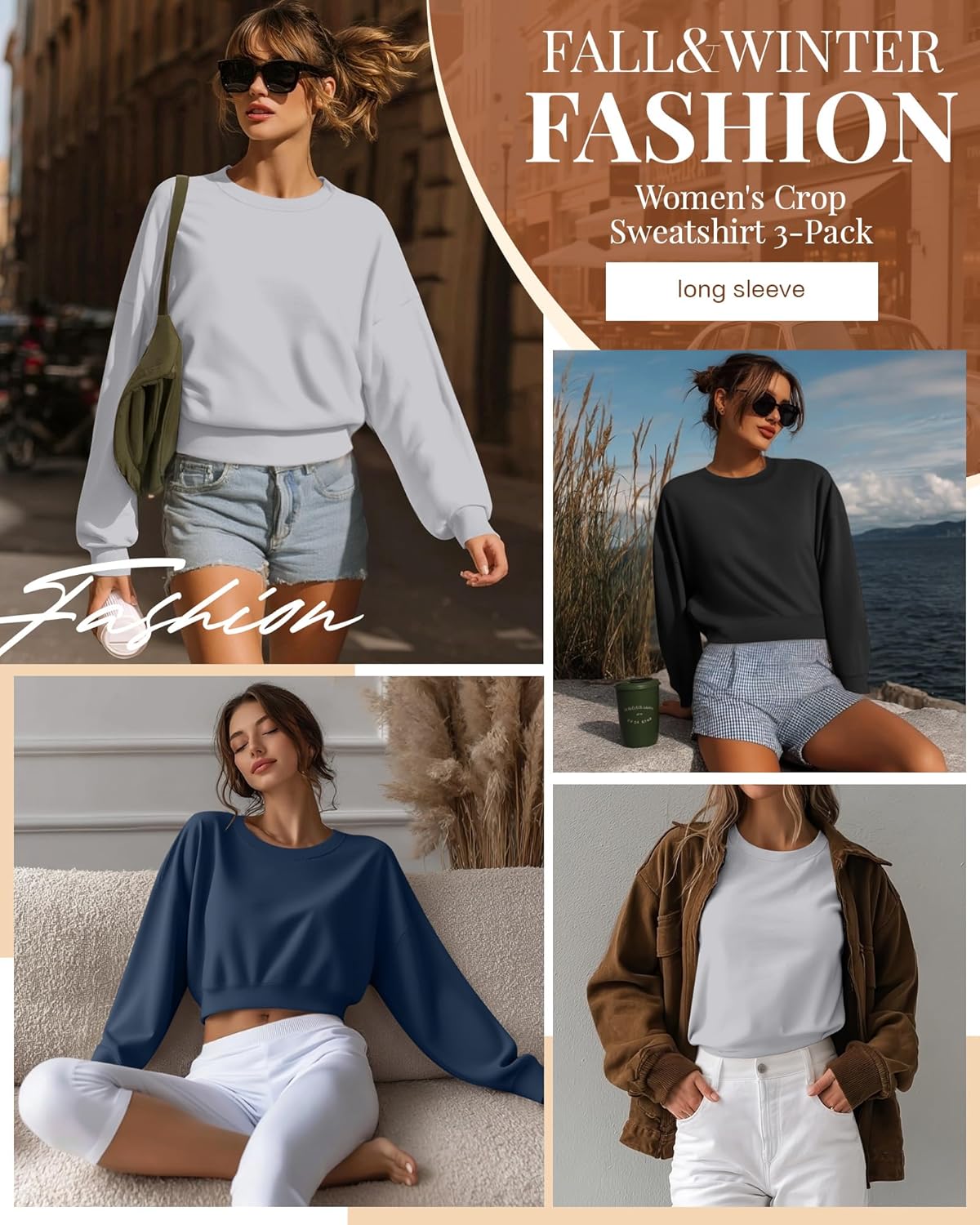 Ficerd 3 Pack Women's Cropped Sweatshirts Long Sleeve Cotton Crew Neck Pullover Tops Casual Solid Sweat Shirts - Image 2