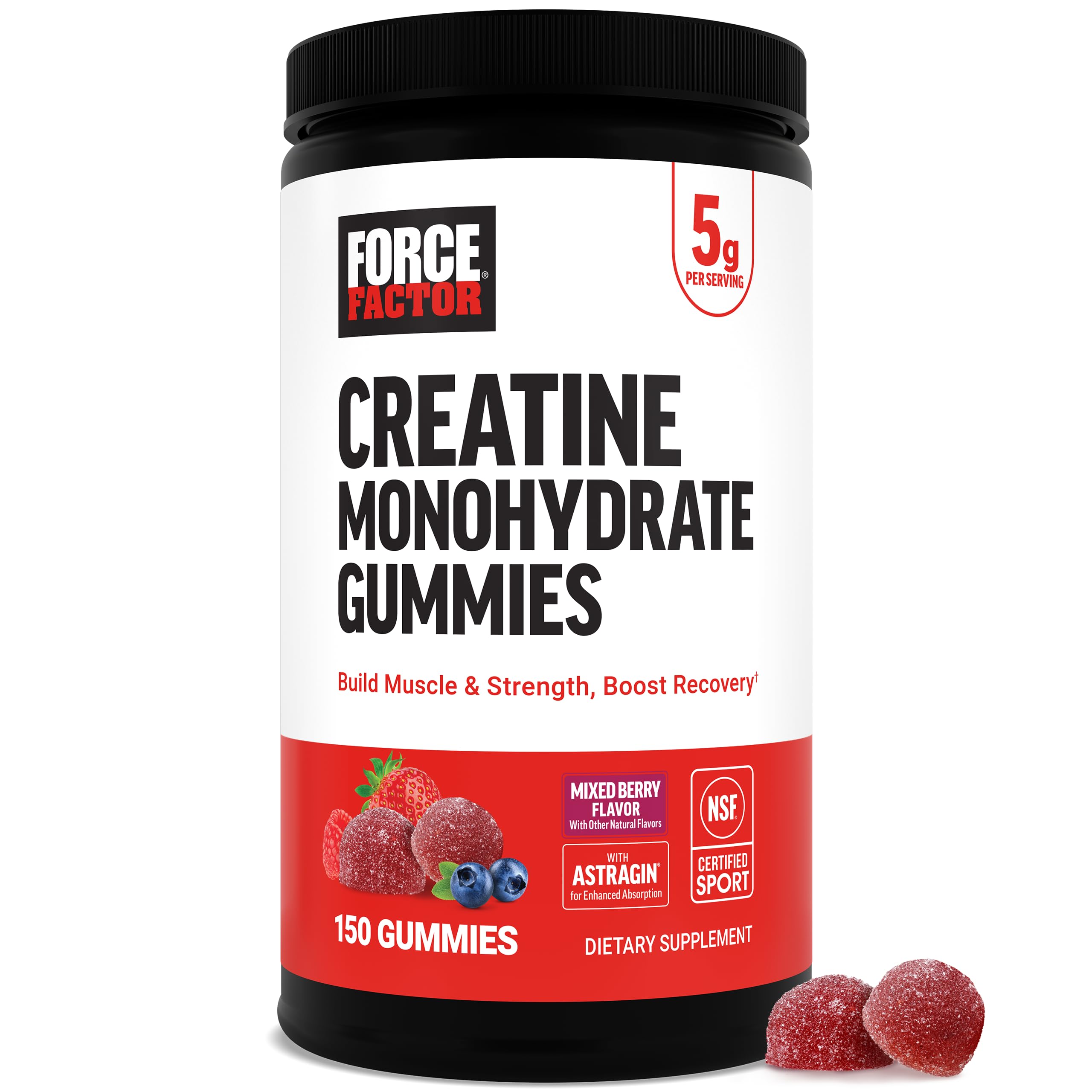 Force Factor Creatine Monohydrate Gummies, NSF Certified, 5g Dose for Men & Women to Support Muscle, Strength, Recovery, Cognitive Health & Memory, Mixed Berry, 150 Gummies