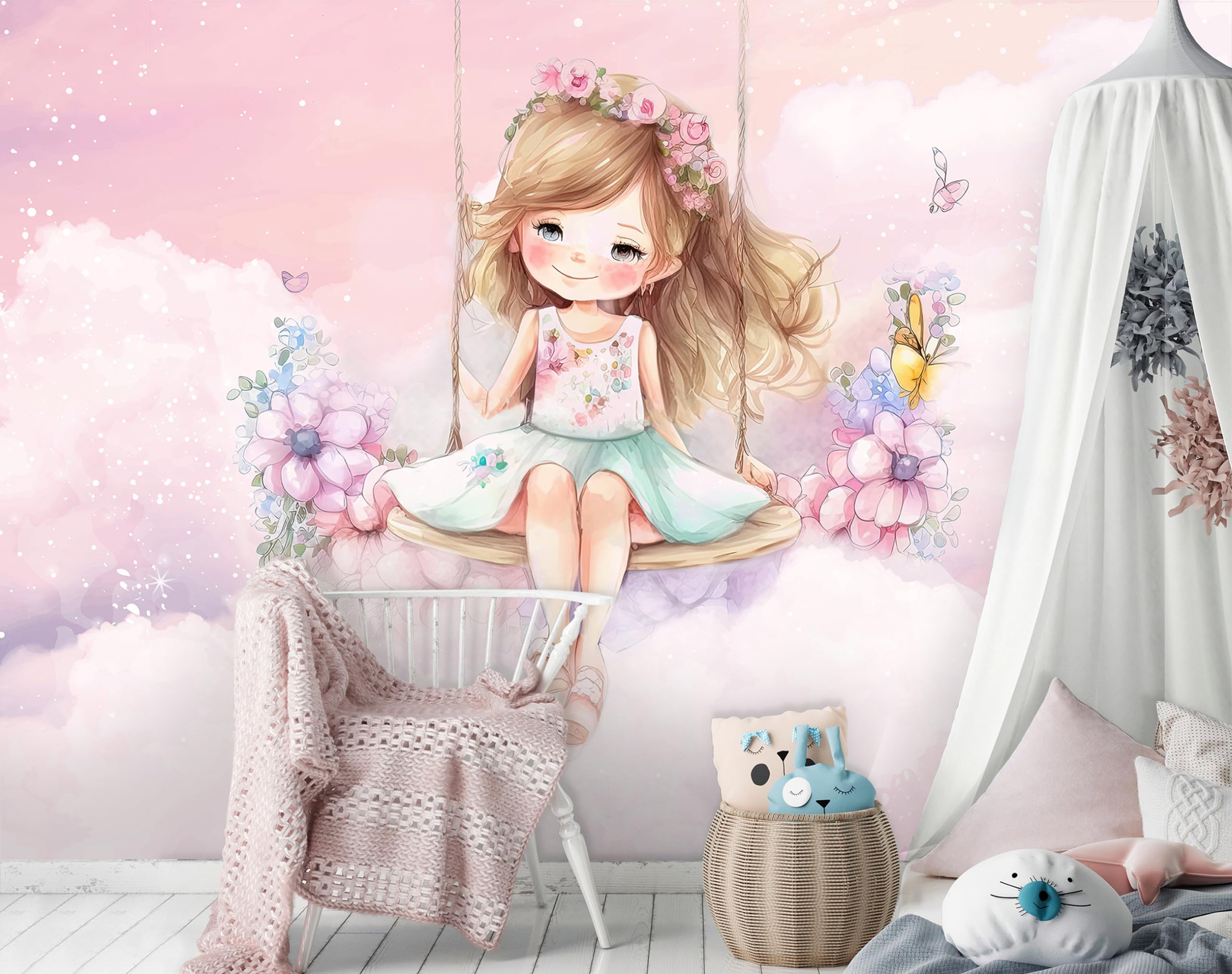WallArena - Carta da parati fotografica per bambini - Ballerina, Nuvole, 416x290 cm - Carta da parati fotografica - Per la cameretta dei bambini - Effetto 3D - con Colla