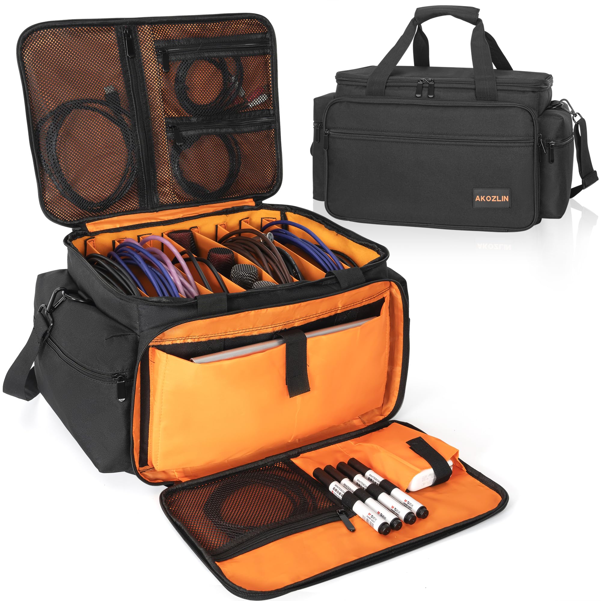 AKOZLIN Cable File Bag DJ Gig Bag Cord Organizer Case with Detachable Dividers for Laptop,DJ Gear, Sound Instrument and Music Equipment Accessories 16"x11"x10" Black Orange
