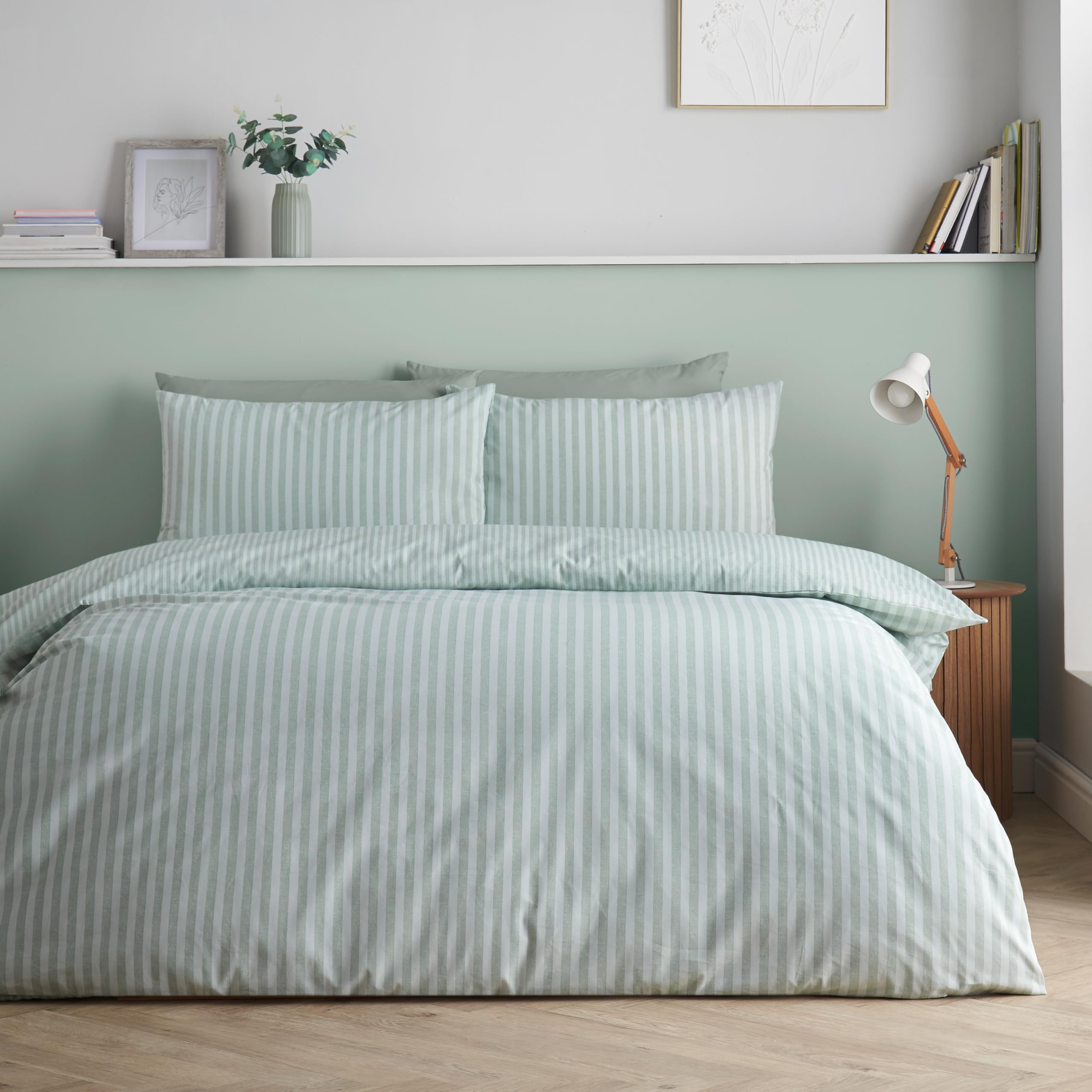 Catherine Lansfield Epping Textured Stripe Reversible Super King Duvet Cover Set With Pillowcases Green from B&Q