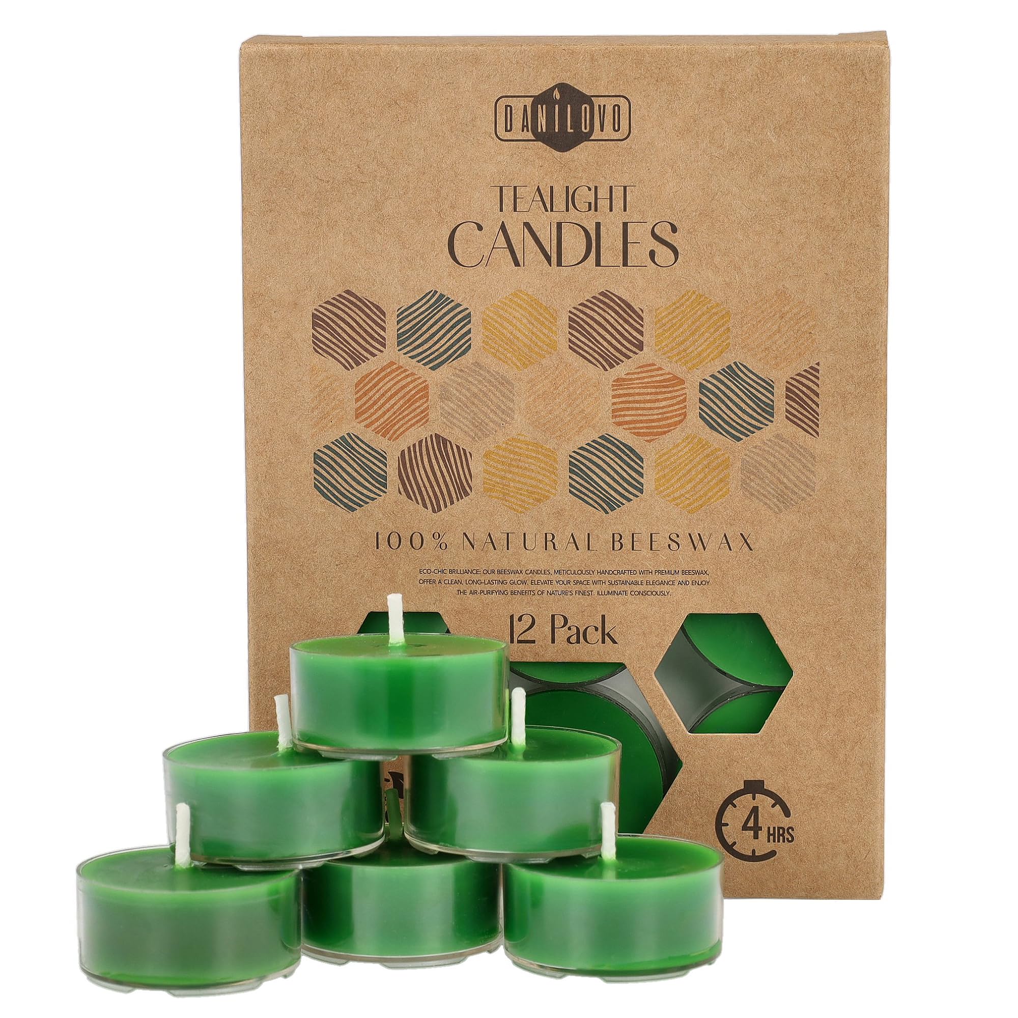 Danilovo Green Pure Beeswax Tealight Candles W/Cotton Wicks - Pack Of 12 4-Hour Burning Time Votive Candles Crafted By Recycled Plastic