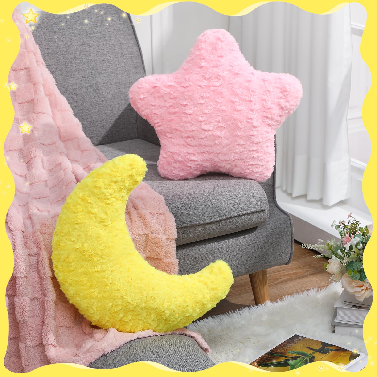 Beeveer Set di 2 cuscini a forma di stella e luna, 45 cm, graziosi cuscini in peluche per divano letto, divano, morbido cuscino a mezza luna con decorazione per camera da letto, soggiorno, dormitorio