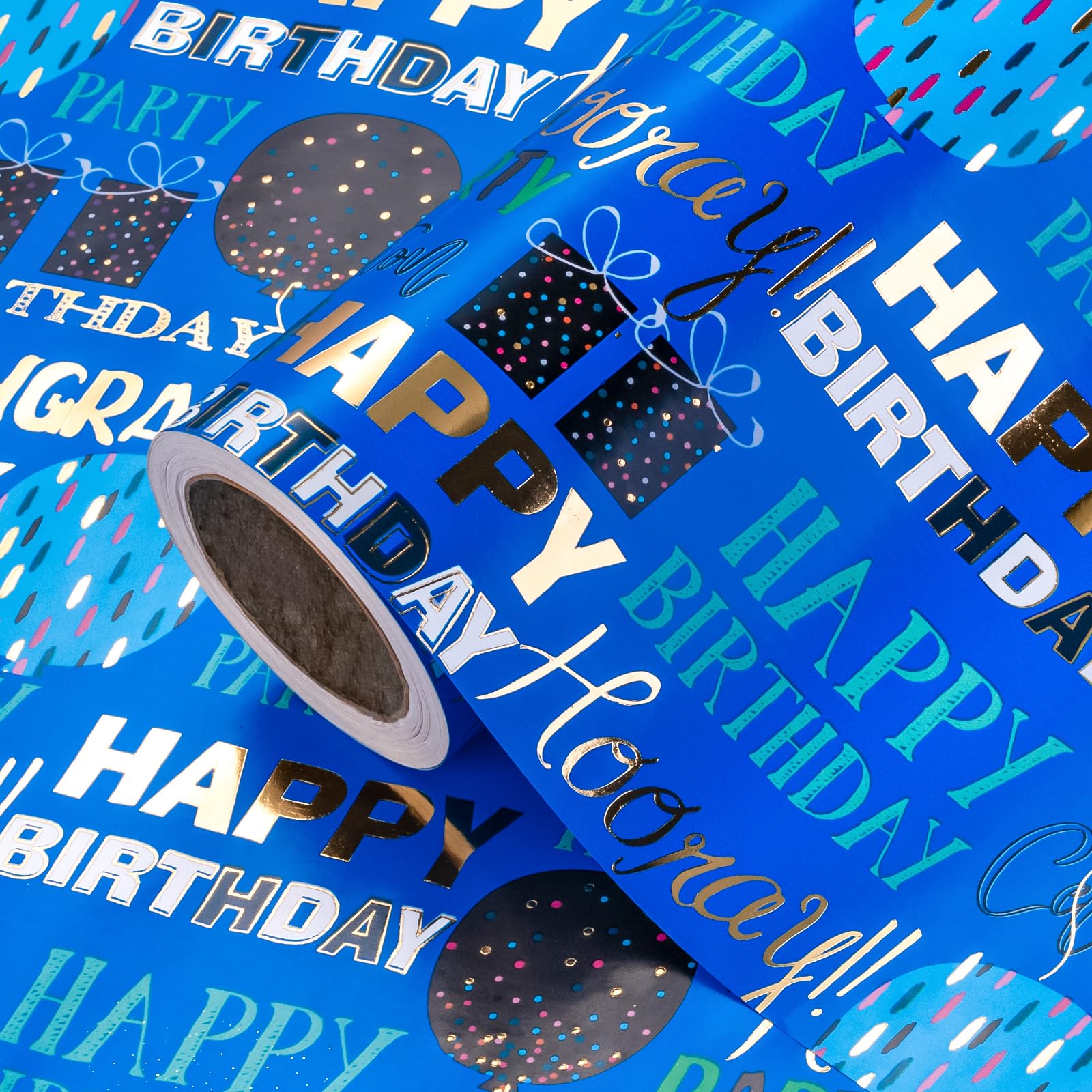 RUSPEPA Birthday Wrapping Paper - Mini Roll - 43.2cm x 5m - Blue Gold Foil Happy Birthday Wrapping Paper for Kids, Boys, Men, Baby Shower โ image 1