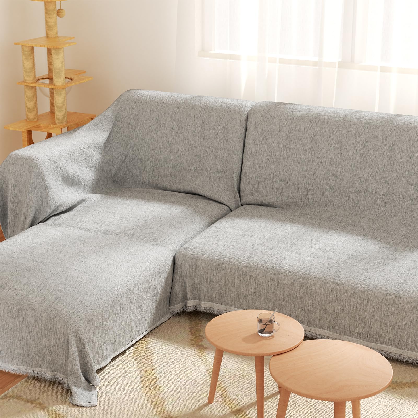 Bittesnew Oversized L-Shaped Covers for Couches L Shaped Couch Cover Blanket 2 Piece Sectional Couch Covers L Shape Sofa Covers Washable L Shape Light Grey 71"x118"& 91"x134"