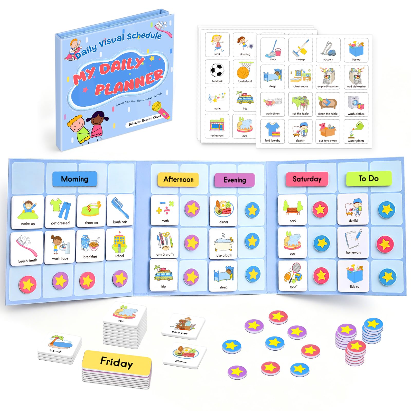 Visual Schedule for Kids, 170 Magnetic Visual Cards &amp; Tri-Fold Magnetic Board, Daily Routine Chart for Autism ADHD, Toddler Morning Bedtime Chore Planner for Home Classroom, Visual Routine Board for Nonverbal Special Needs Children