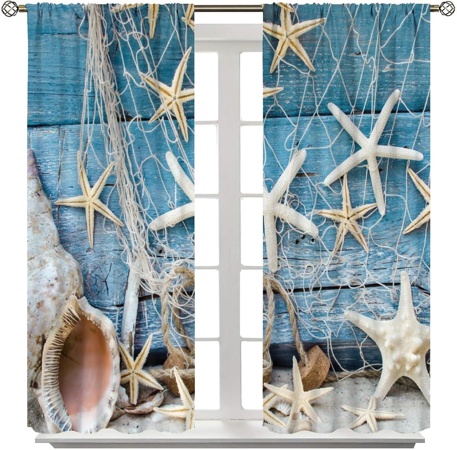 Shell Curtains, Shell Fishing Net Beach Blue Plank Pattern Blackout Window Treatments, Rod Pocket Thermal Insulated Drapes 2 Panel Sets for Bedroom Living Room Kitchen, 42" W X 63" L