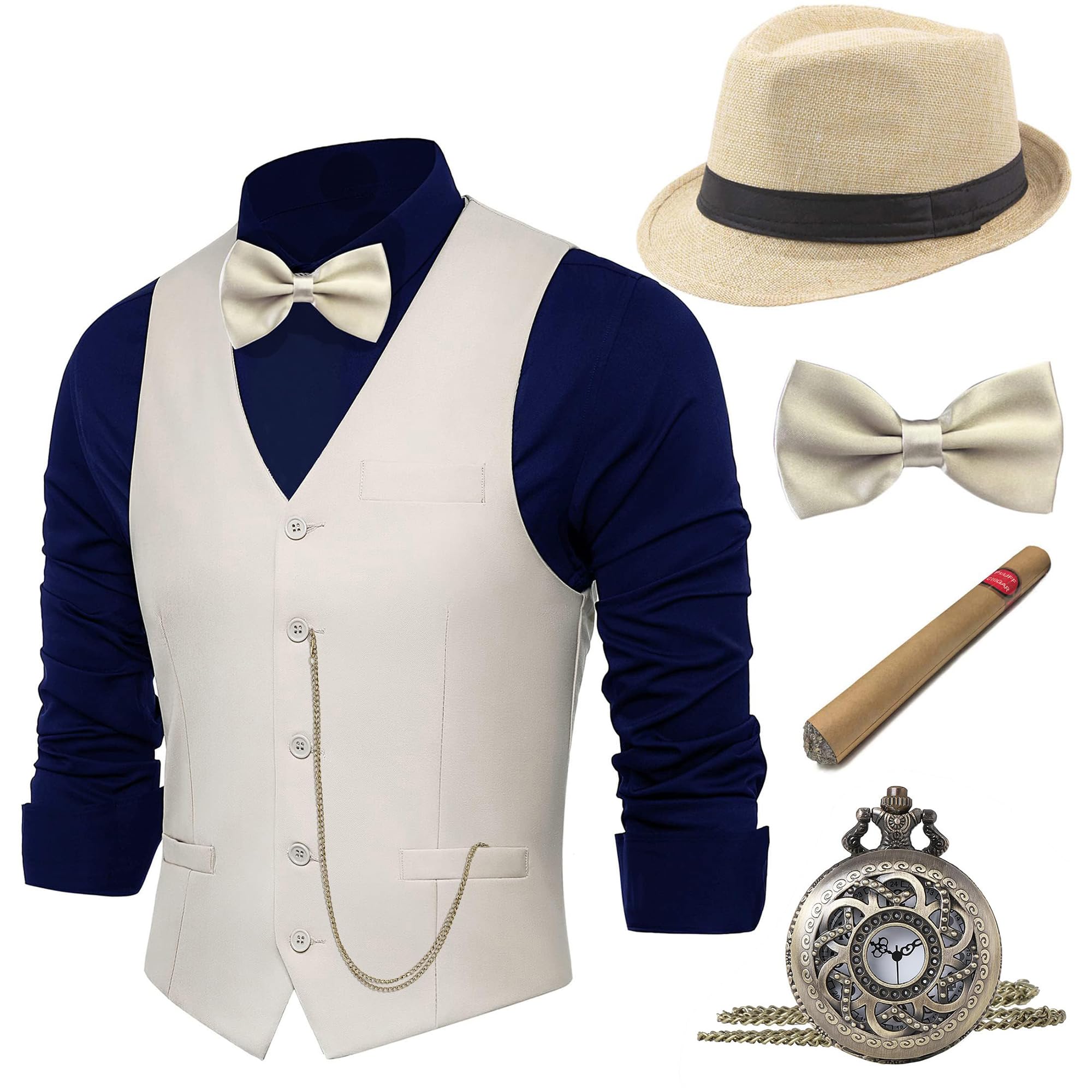 BABEYOND 1920s Mens Costume, Gatsby Gangster Costume Accessories Set For Men Vintage Vest Bowtie Pocket Watch Armbands, Beige, XS โ image 1