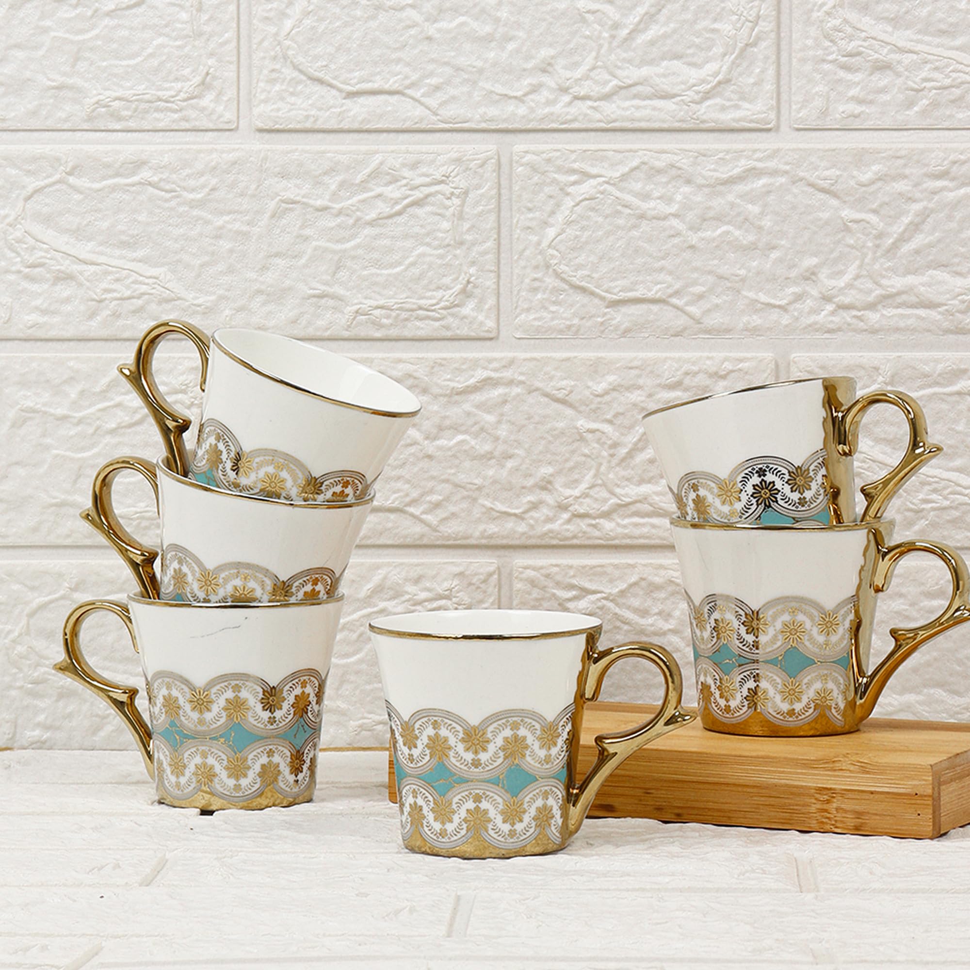 Golden Royal Turquoise Pattern Tea Mugs, Ceramic Tea Cups, Coffee Mugs (180 ml, Golden) - 6 Pcs Set (NOT Microwave Safe)