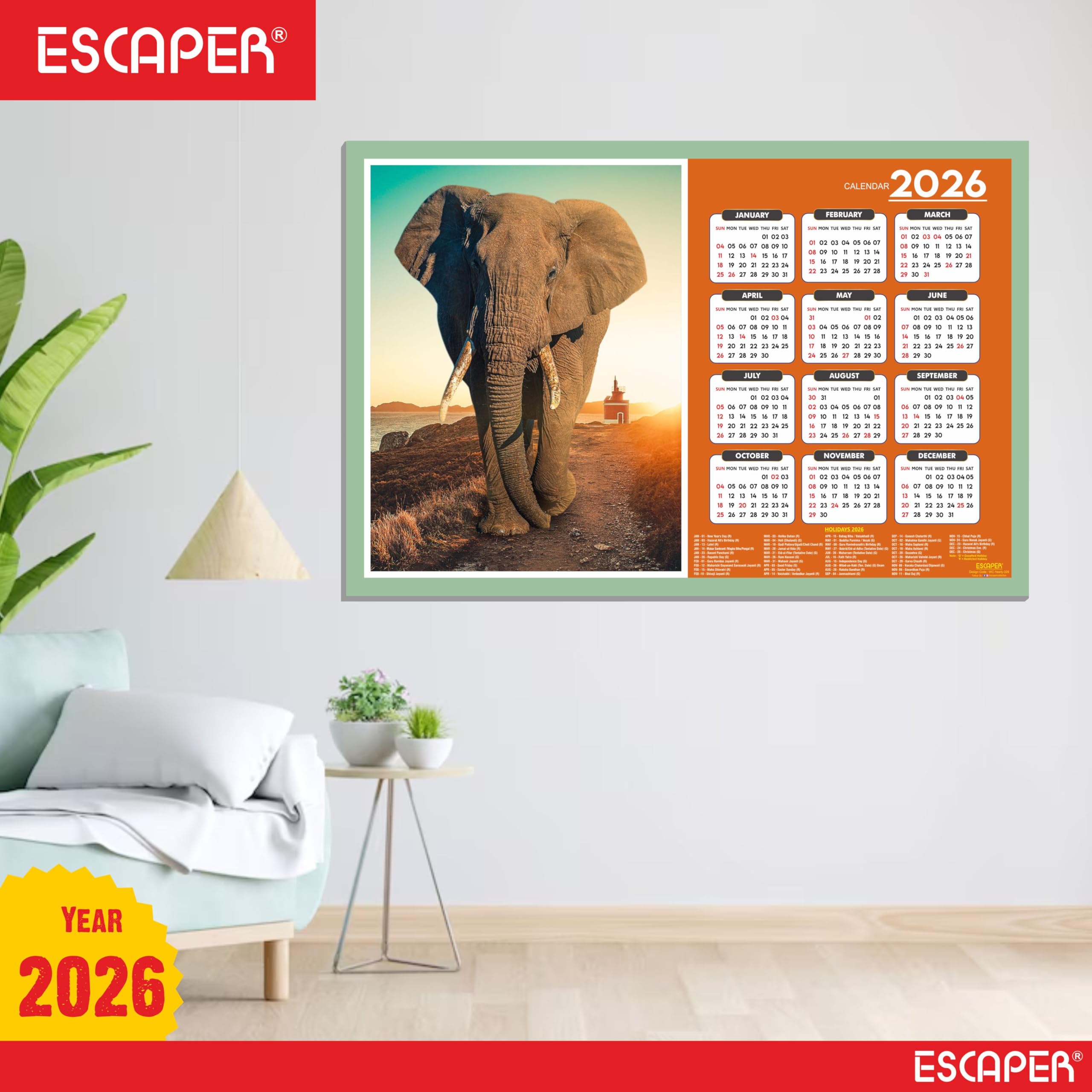ESCAPER Calendario de pared de animales 2026 - 45 x 30 cm, fotos de león, tigre, elefante, caballo y pantera, calendario de decoración de pared para el hogar, oficina y habitación de los niños