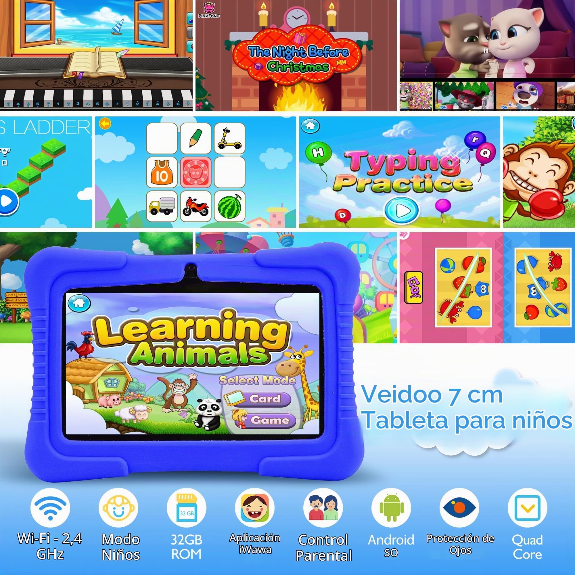 Veidoo Tableta Android para niños de 7 Pulgadas con WiFi, 2GB RAM / 32GB ROM, Pantalla táctil, Control Parental para niños pequeños, Cámara Dual, Juegos, Tableta educativa(Azul Oscuro)