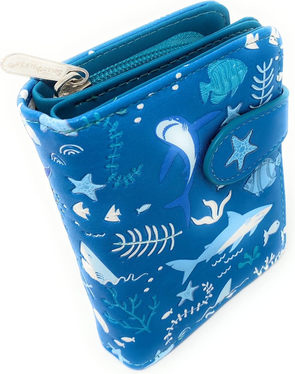 Shag Wear Shark Pattern Wallet for Women and Teen Girls Vegan Faux Leather Small 4.5" Teal