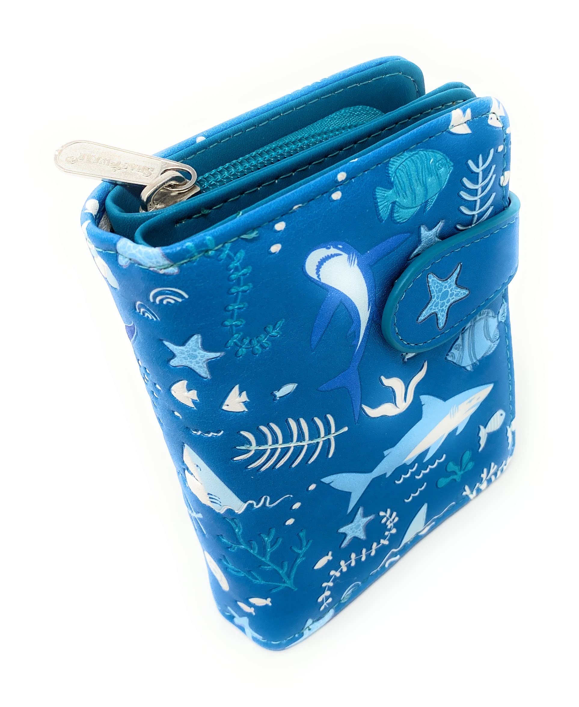 Shag Wear Shark Pattern Wallet for Women and Teen Girls Vegan Faux Leather Small 4.5" Teal