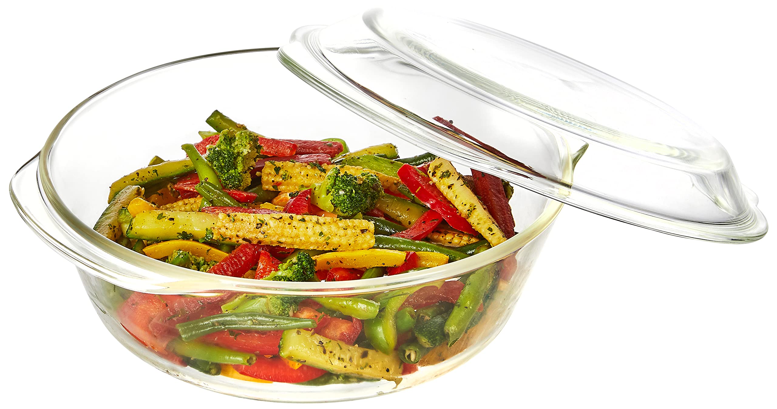Amazon Brand - Solimo Borosilicate Glass Casserole-Cum-Serving Bowl with Lid | Set of 3 | Safe for Use in Oven and Microwave | Deep Round | 650 Ml + 1000 Ml + 1500 Ml | Transparent