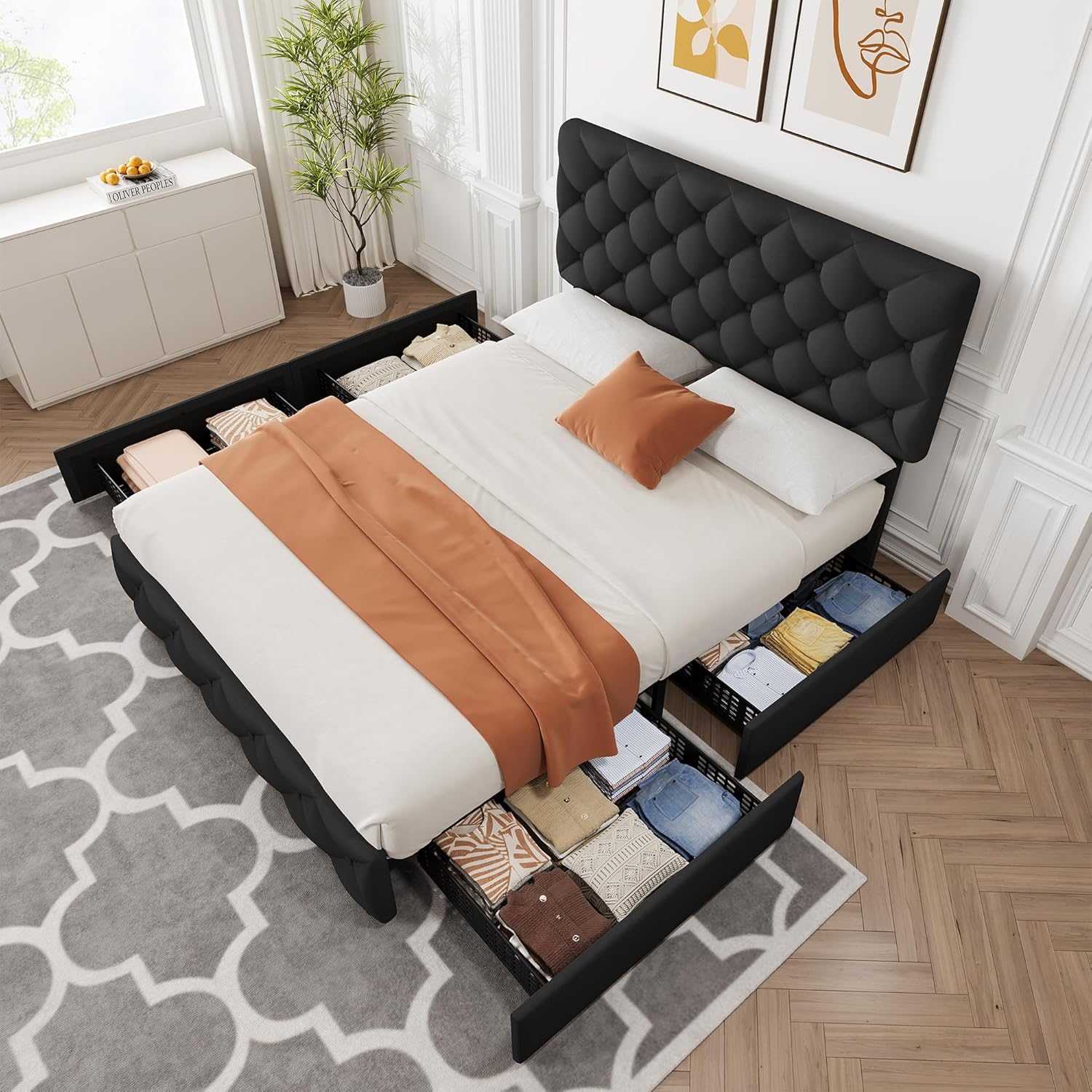Queen Size Bed Frame with 4 Storage Drawers & Headboard, Linen Upholstered Platform Bed Frame, Stylish Diamond Tufted Design, No Box Spring Needed | Black
