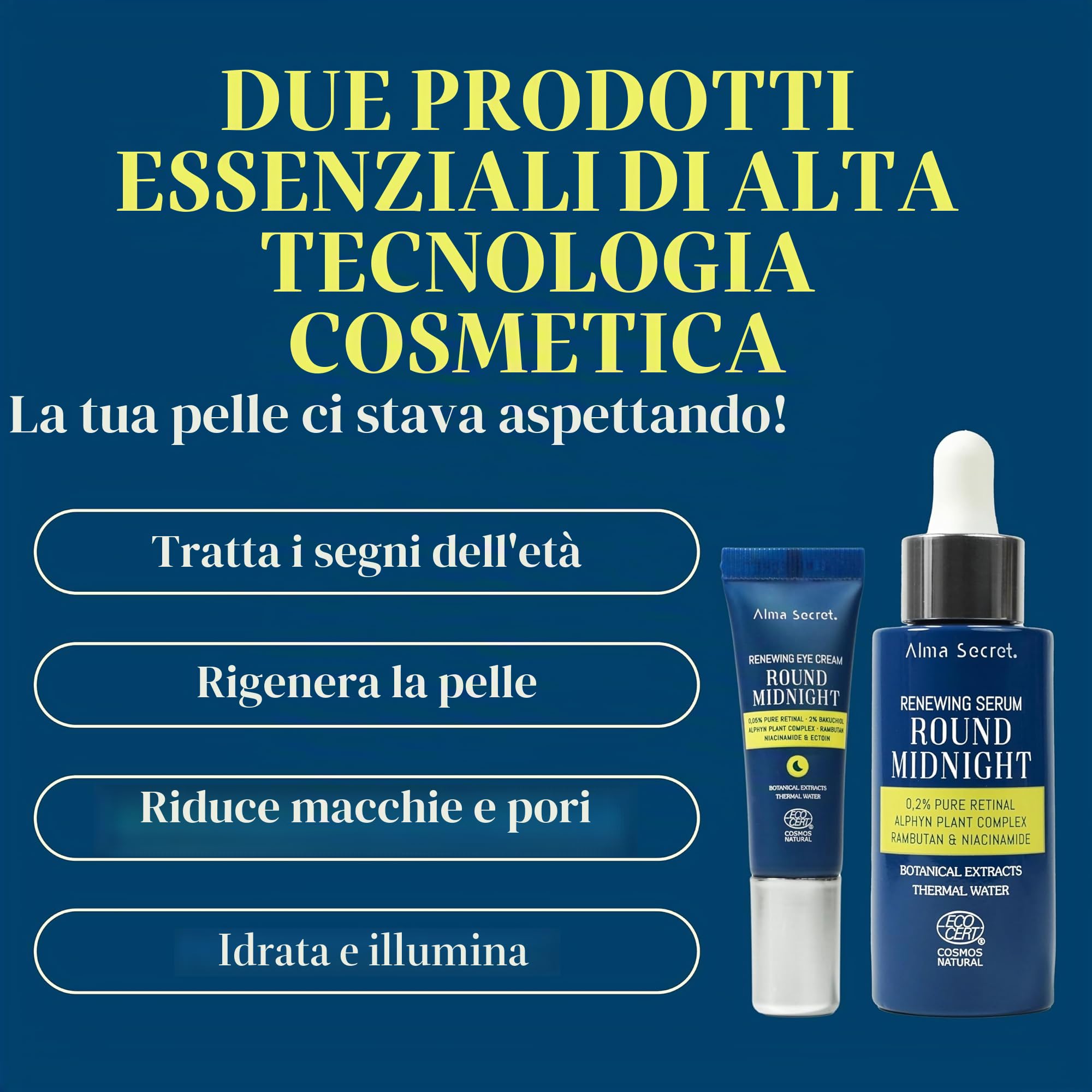 Ecocert Cosmos Natural, siero viso retinale multi-incapsulato + contorno occhi antirughe, idratante notte per tutti i tipi di pelle, siero ringiovanente, rigenerante, illuminante, vegano, Ecocert