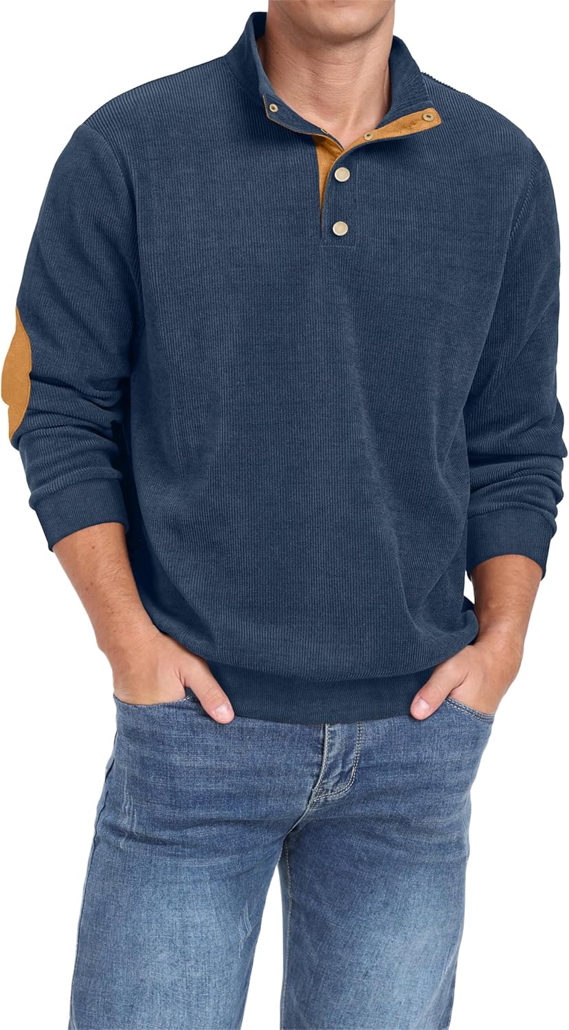 Men's Casual Corduroy Sweatshirt Long Sleeve Stand Collar 1/4 Button Pullover Fall Polo Sweater with Elbow Patches Dark Blue, XL - Image 3