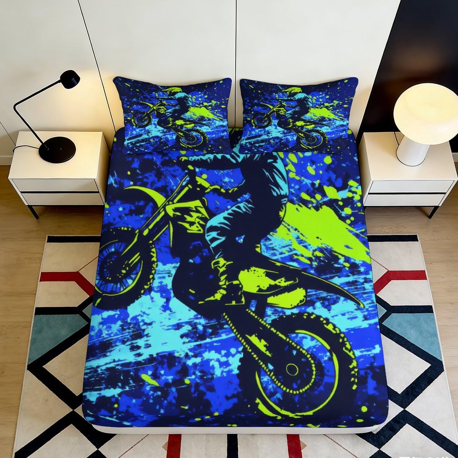 3D Printed Motocross Splash Fitted Sheet Microfiber Soft Blue Neon Bed Cover for Bedroom Decor Protection 90x200x25cm