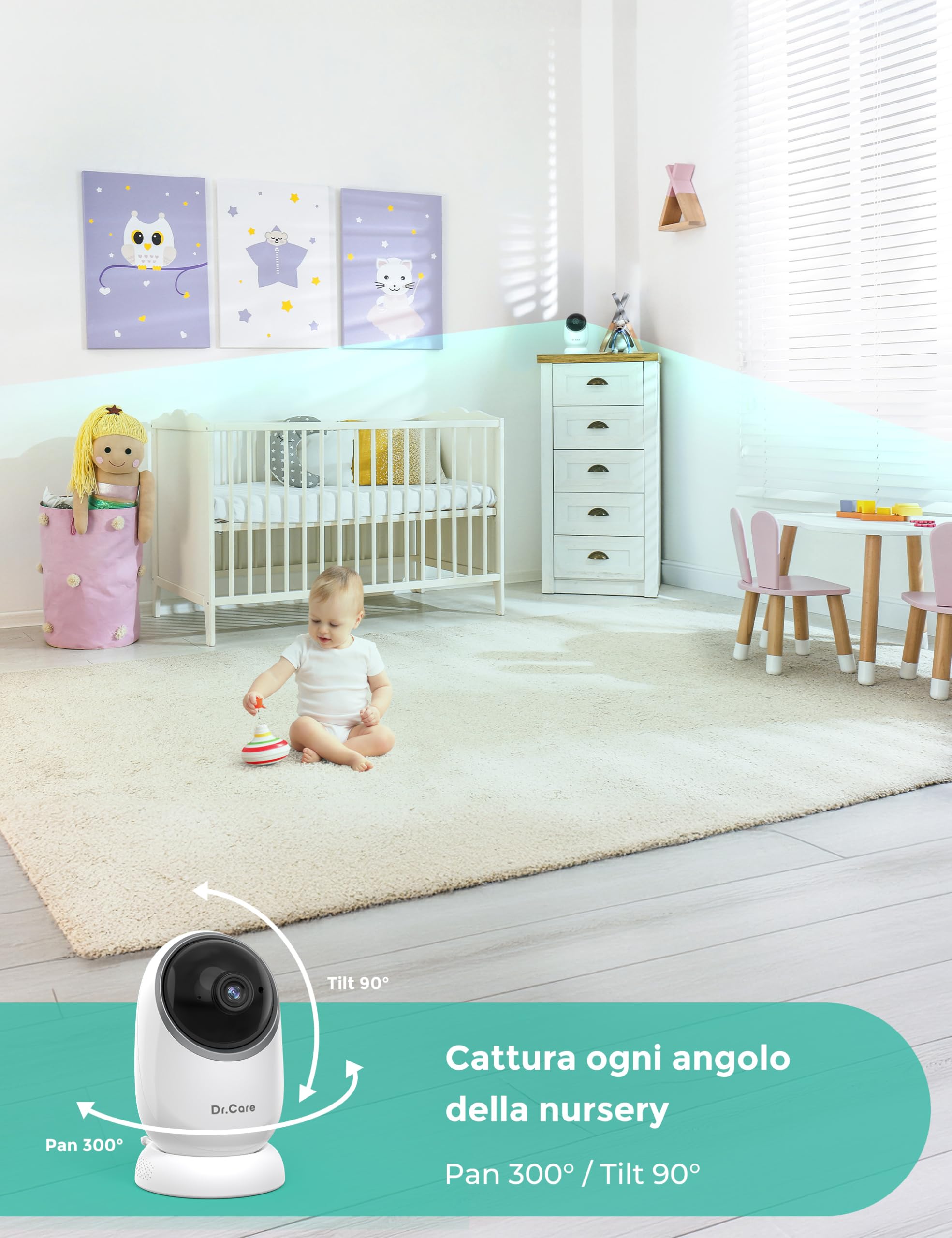 Dr.Care Baby Monitor 5" HD 1080P Senza WiFi Bassa Radiazione Visione Notturna Rotazione 360° Batteria 5000 mAh VOX