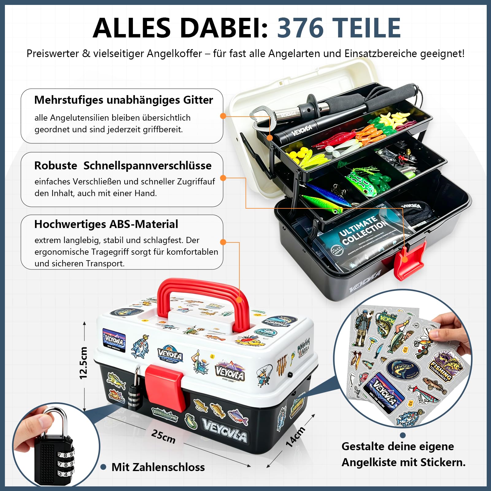 376 Stück Angelzubehör Set,Angelkoffer mit Zubehör- Fischtöter Angelzange Hakenlöser Angelzubehör,Zander,Barsch&ForellenKöder, Angelblei, Haken, Angler Geschenk für Anfänger