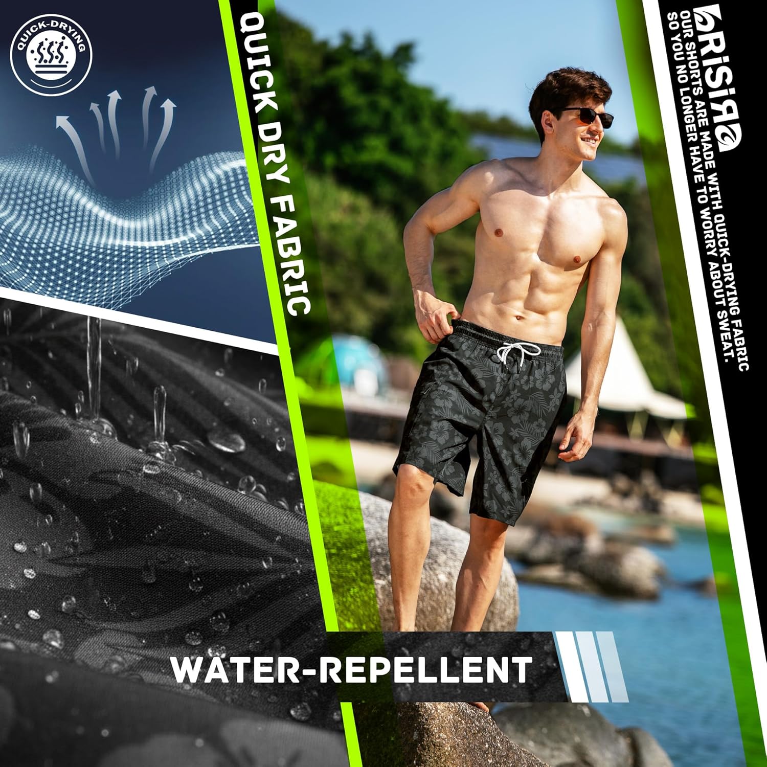 BRISIRA Mens Swim Trunks Bathing Suit 9 Inch Inseam Compression Liner Beach Long Board Shorts Swimsuit Anti-Chafe Quick Dry
