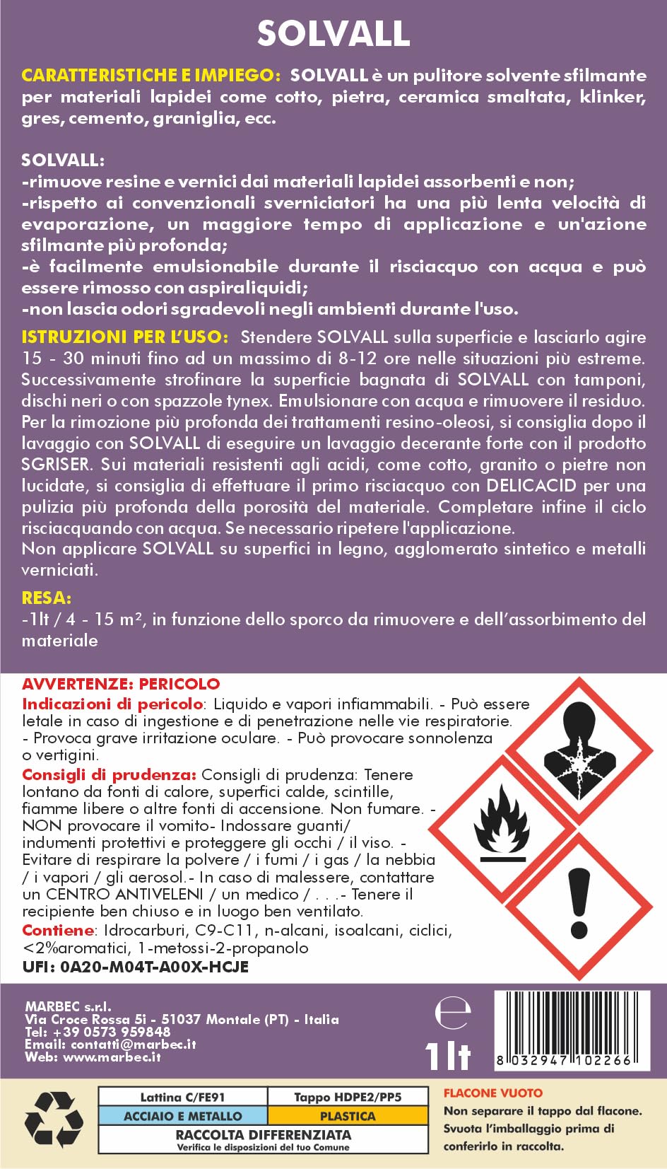MARBEC SOLVALL 1LT+TAMPONE Pulitore sverniciatore sfilmante per materiali lapidei
