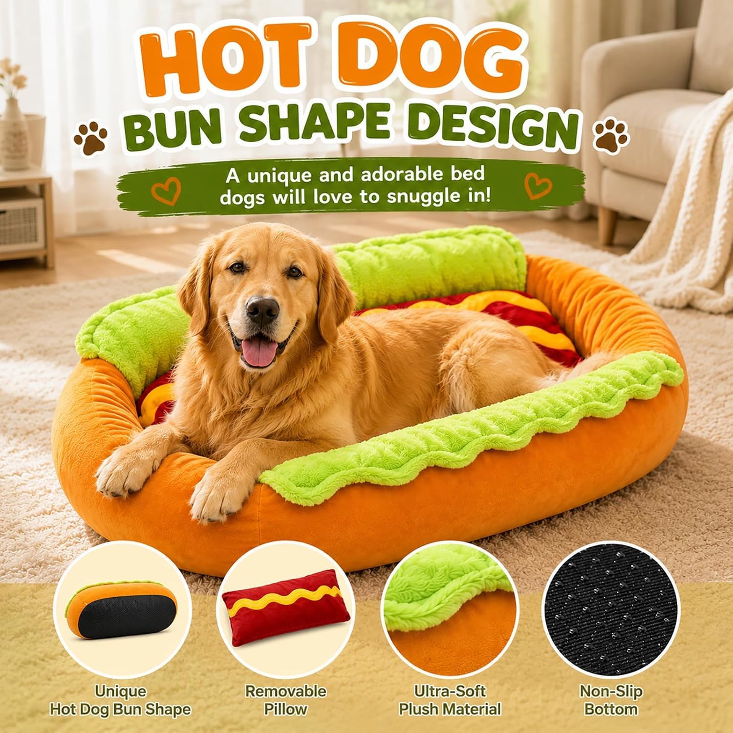Hot Dog Cama para Perro Salchicha y Gato.50x35x16cm