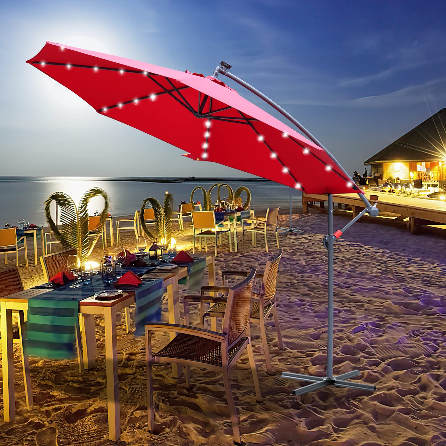 350 cm Parasol de jardin exterieur avec éclairage Solaire LED, Parasol Déporté en Aluminium avec Protection UV, pour Jardin, terrasse, Balcon (Rouge)