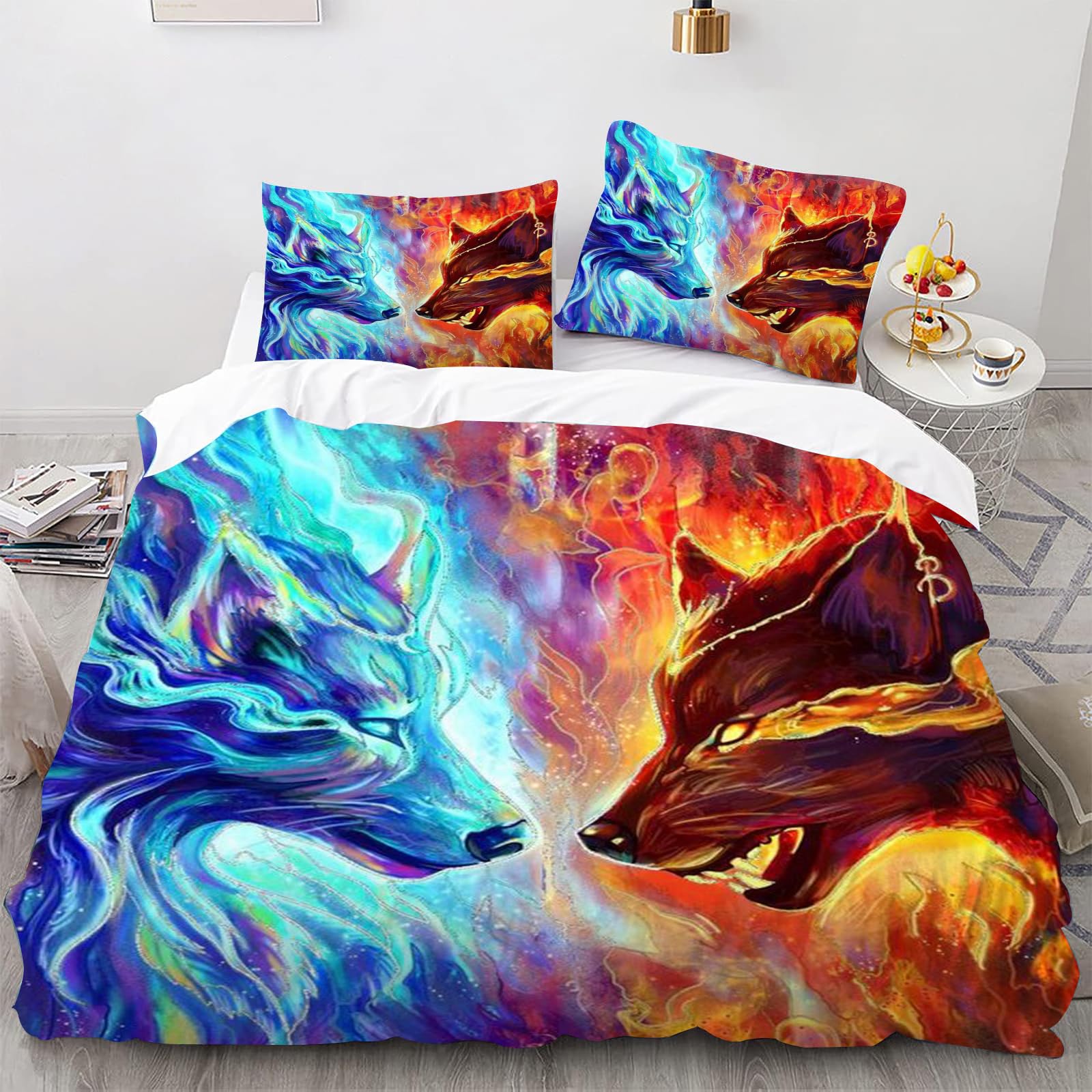 SMchwbc Wolf Bed Linen 135 x 200 cm Children's Animal 3D Wolf Duvet Cover Set for Teenagers, Wolf Bed Linen Set 3-Piece Black Blue with Zip (200 x 200 cm, 9)